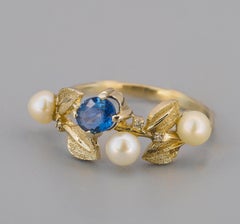 Blue sapphire and pearls 14k solid gold ring