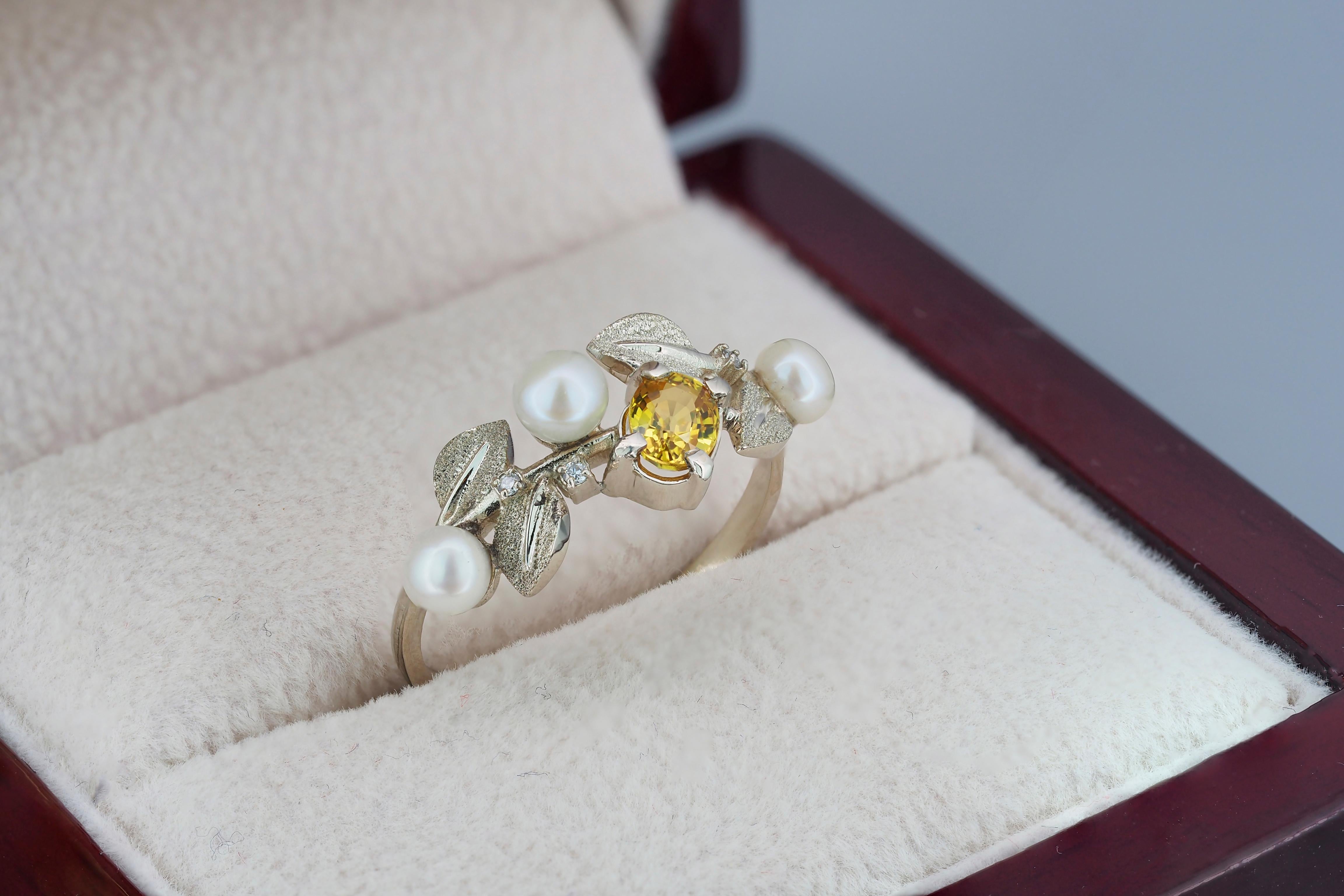 For Sale:  14k Gold Floral Ring with Sapphire, Diamonds and Pearls 6