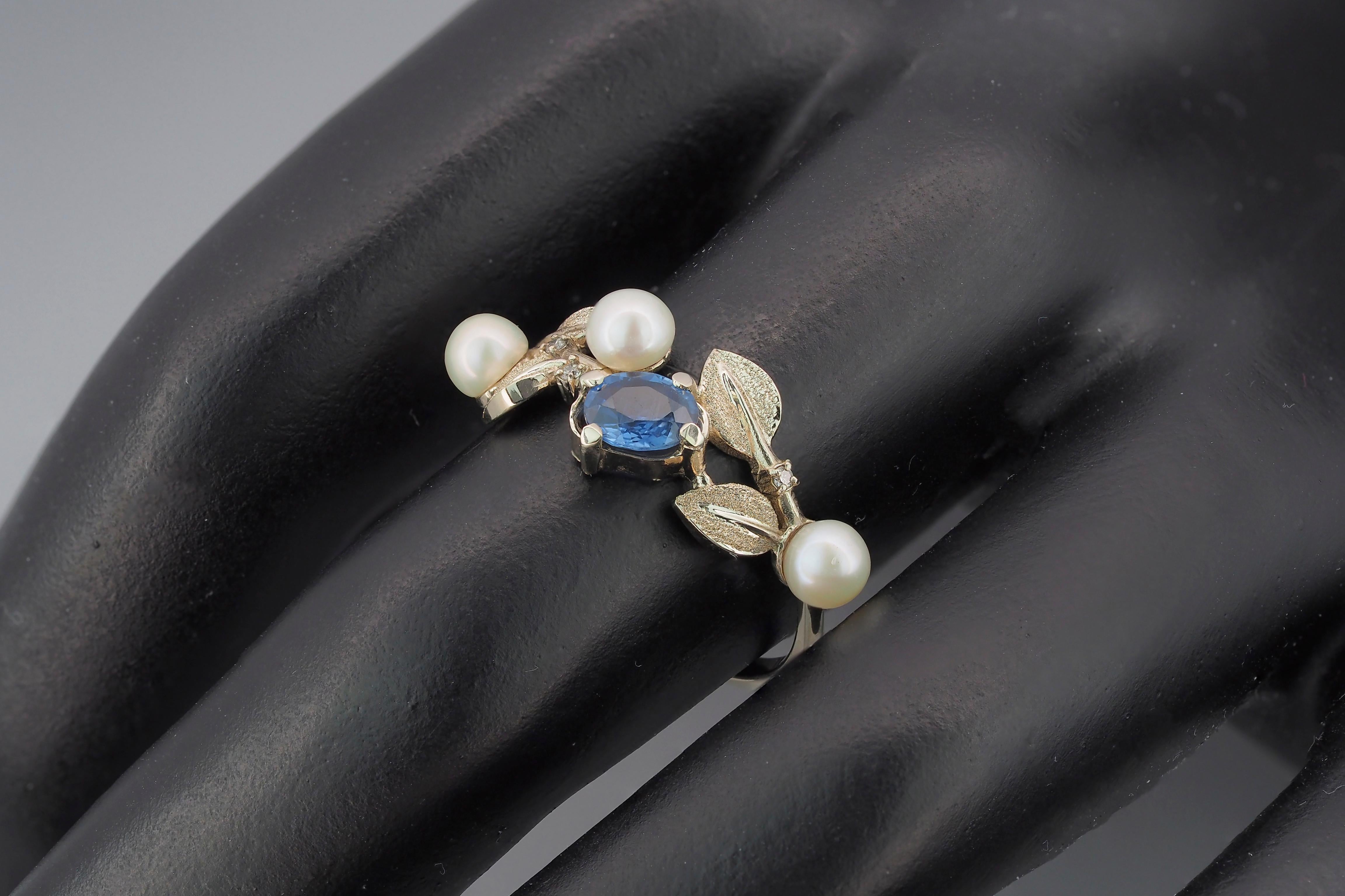 For Sale:  14k Gold Floral Ring with Sapphire, Diamonds and Pearls 7