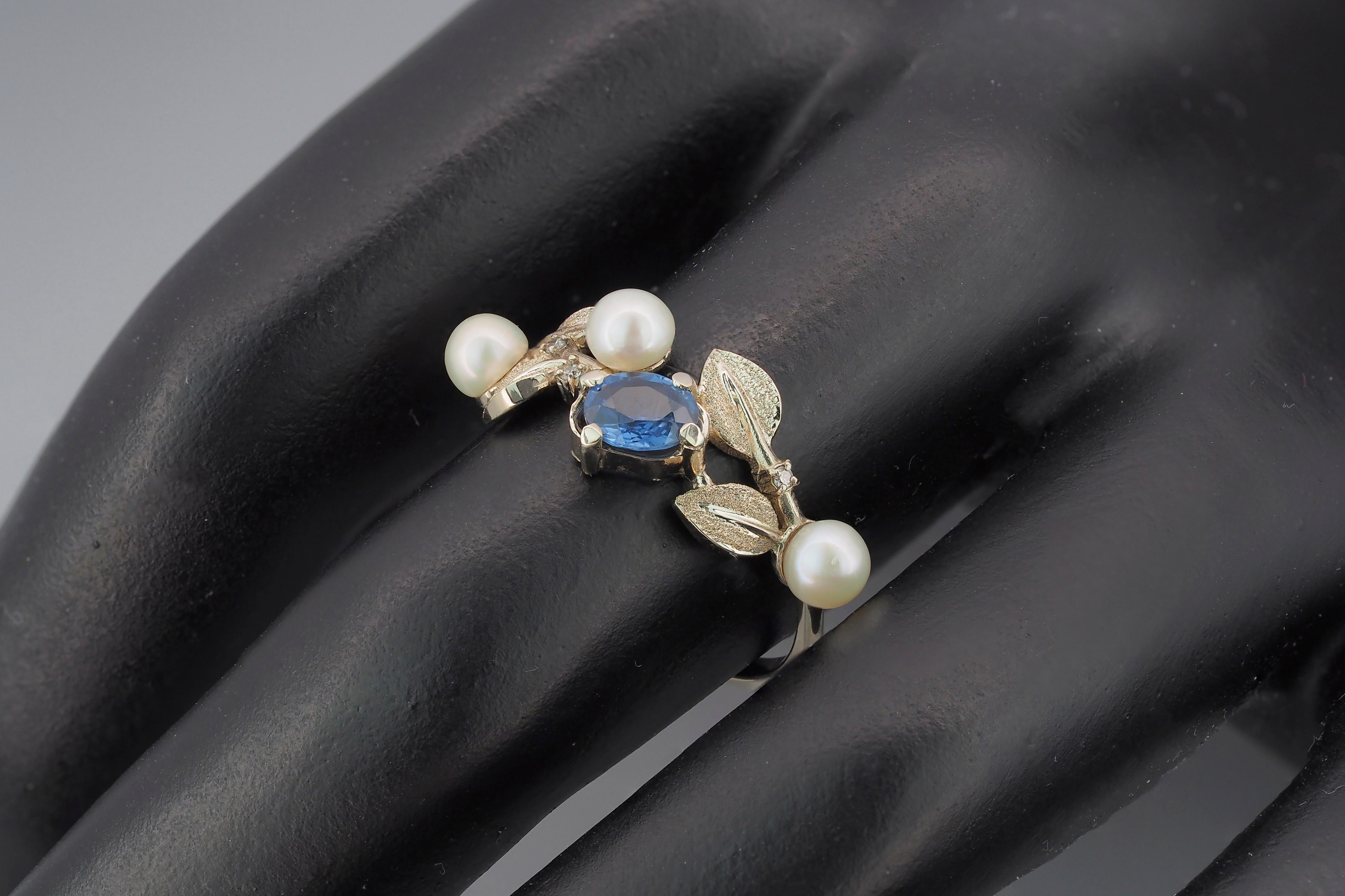 For Sale:  Blue sapphire and pearls 14k solid gold ring 7