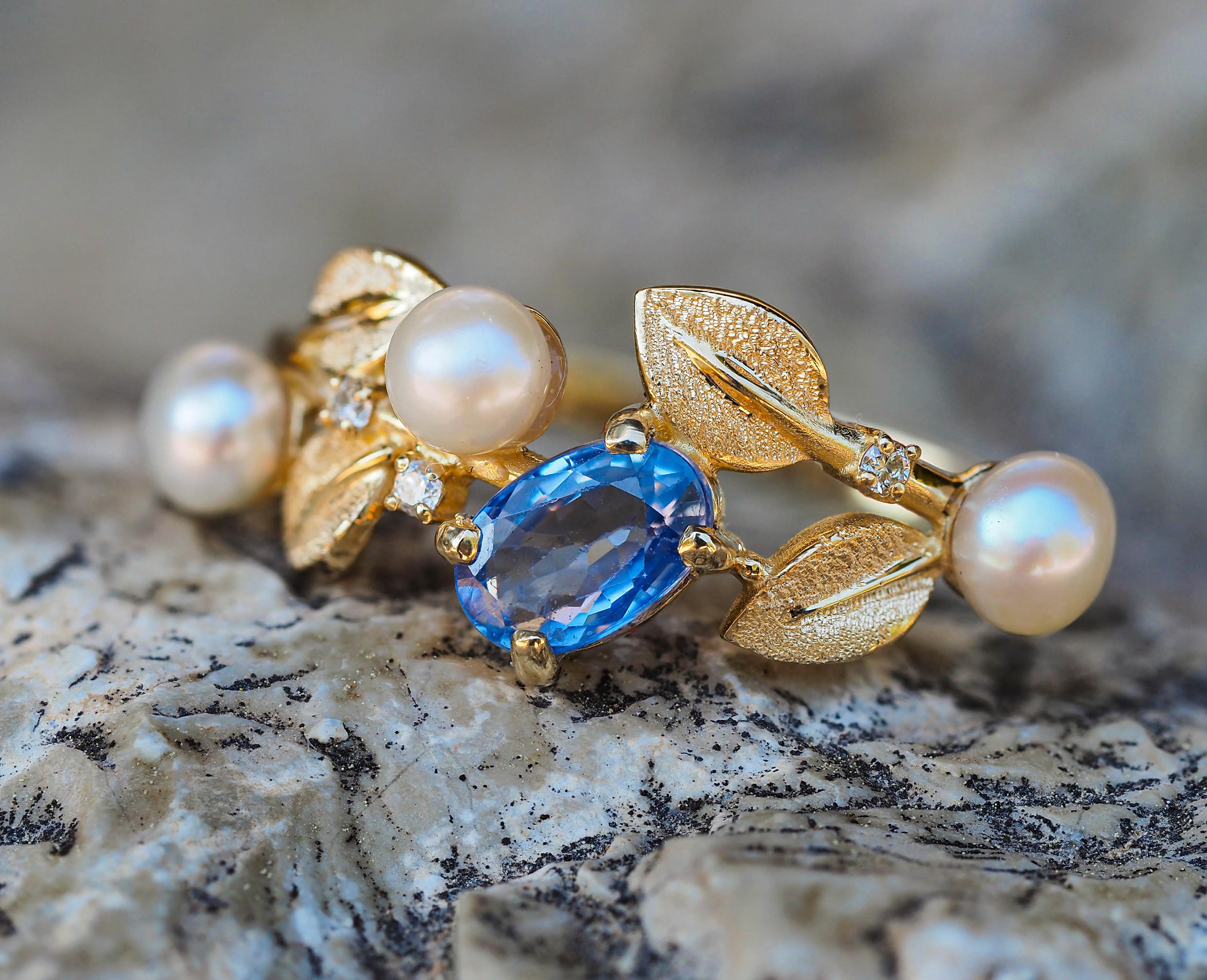 For Sale:  14k Gold Floral Ring with Sapphire, Diamonds and Pearls 8
