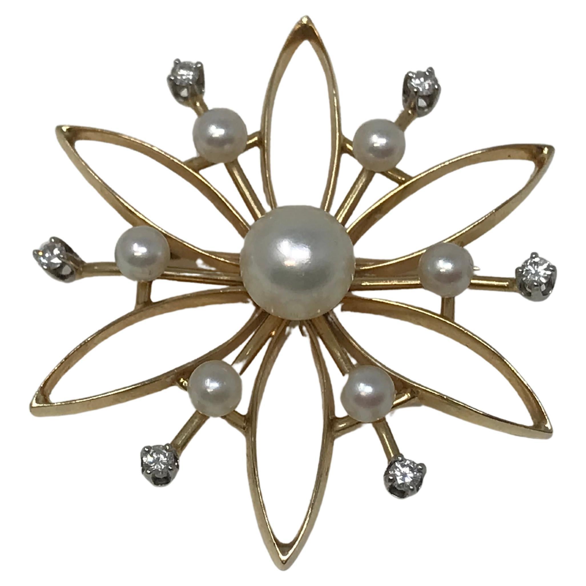 14k Gold Flower Brooch with Pearls & Diamonds
