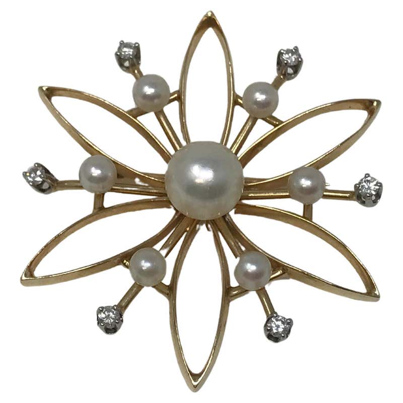 Karbra 1963 14K Yellow Gold Diamond Cultured Pearl Flower Brooch at