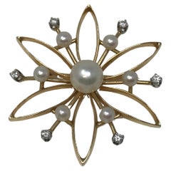 14k Gold Flower Brooch with Pearls & Diamonds