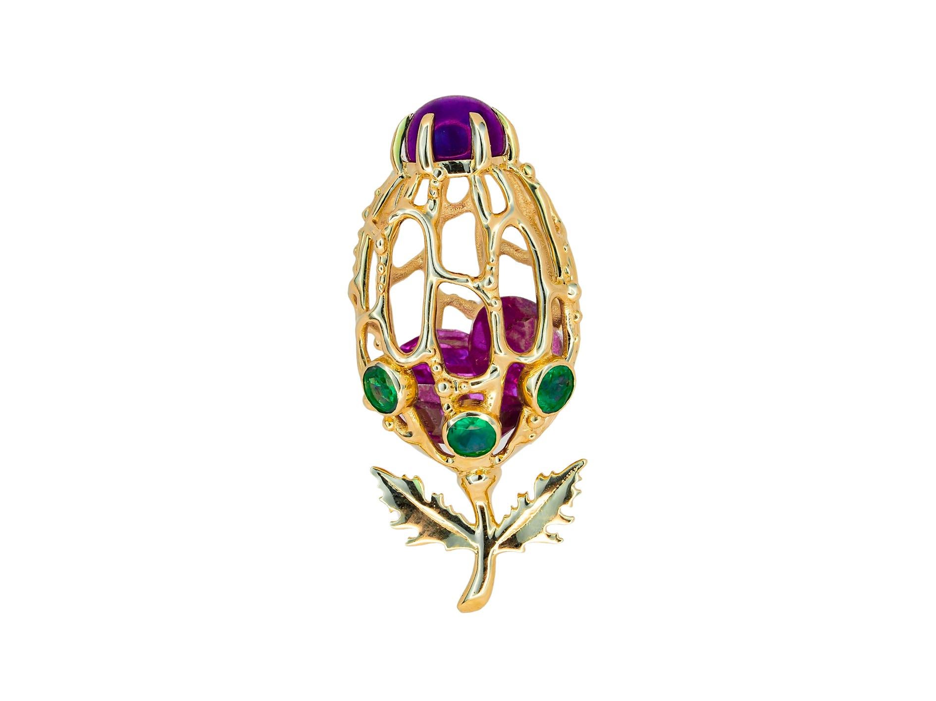 14k Gold Flower Bud Pendant with Amethysts and Emeralds For Sale 7