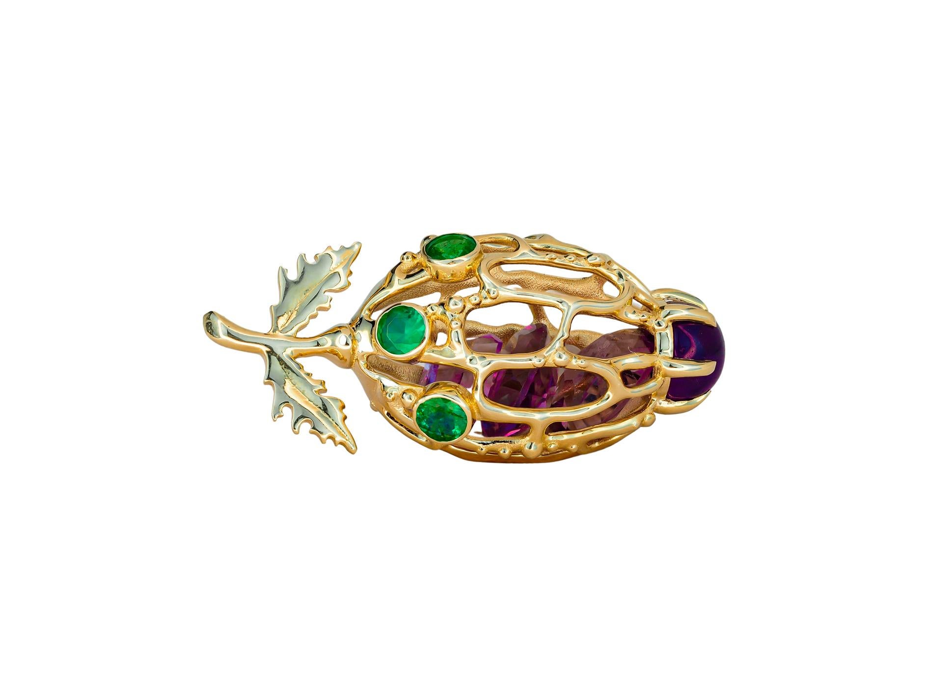 14k Gold Flower Bud Pendant with Amethysts and Emeralds For Sale 8