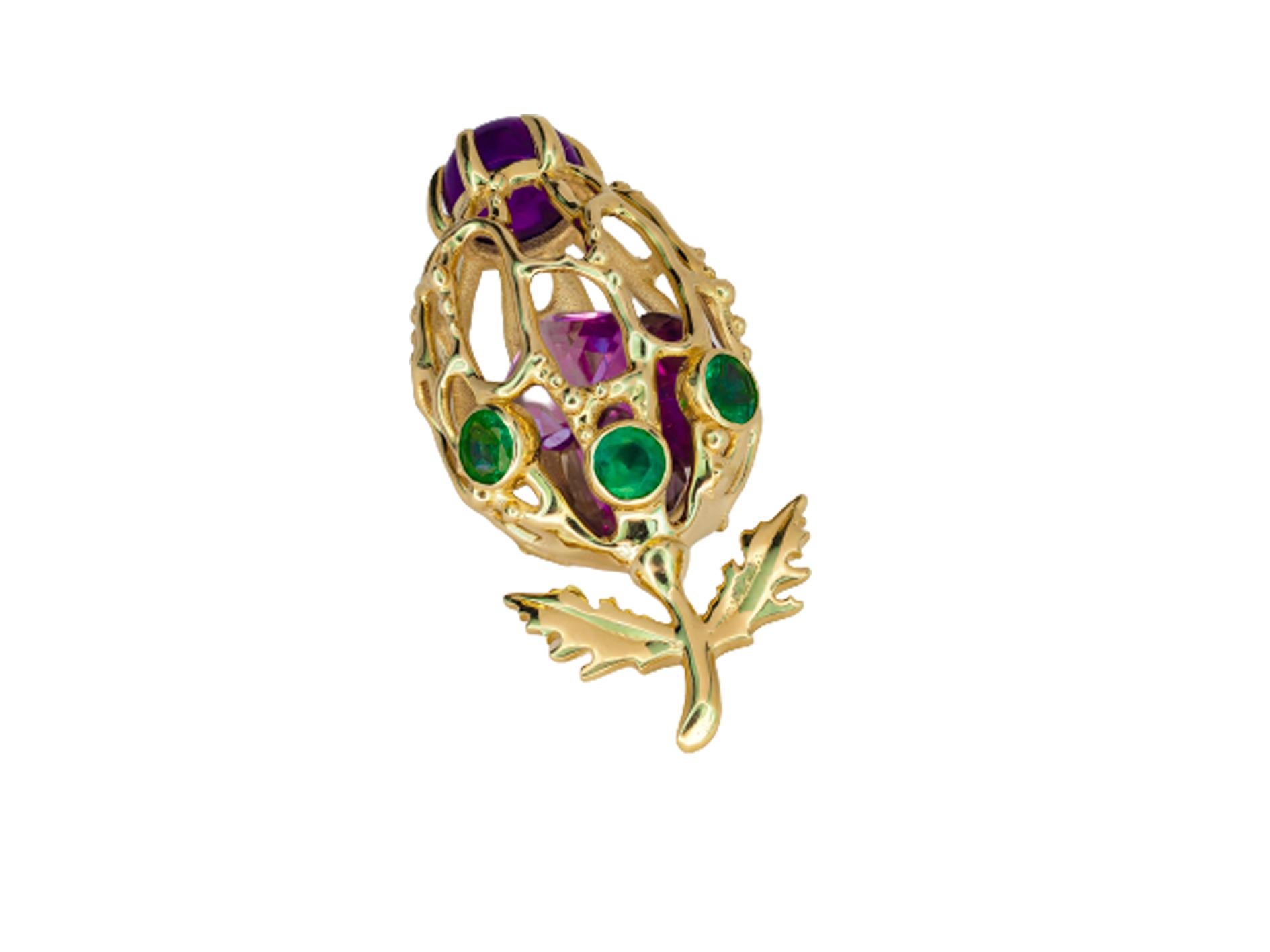 14k Gold Flower Bud Pendant with Amethysts and Emeralds For Sale 9