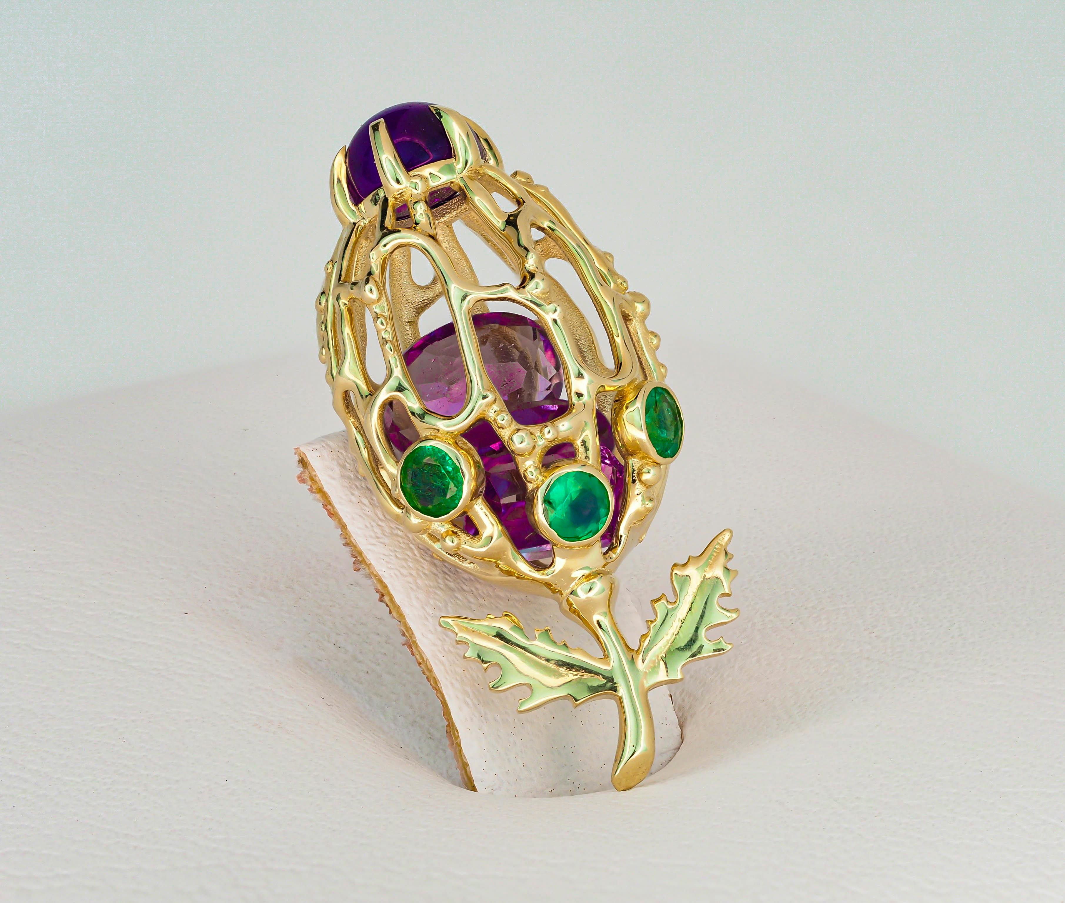 Modern 14k Gold Flower Bud Pendant with Amethysts and Emeralds For Sale