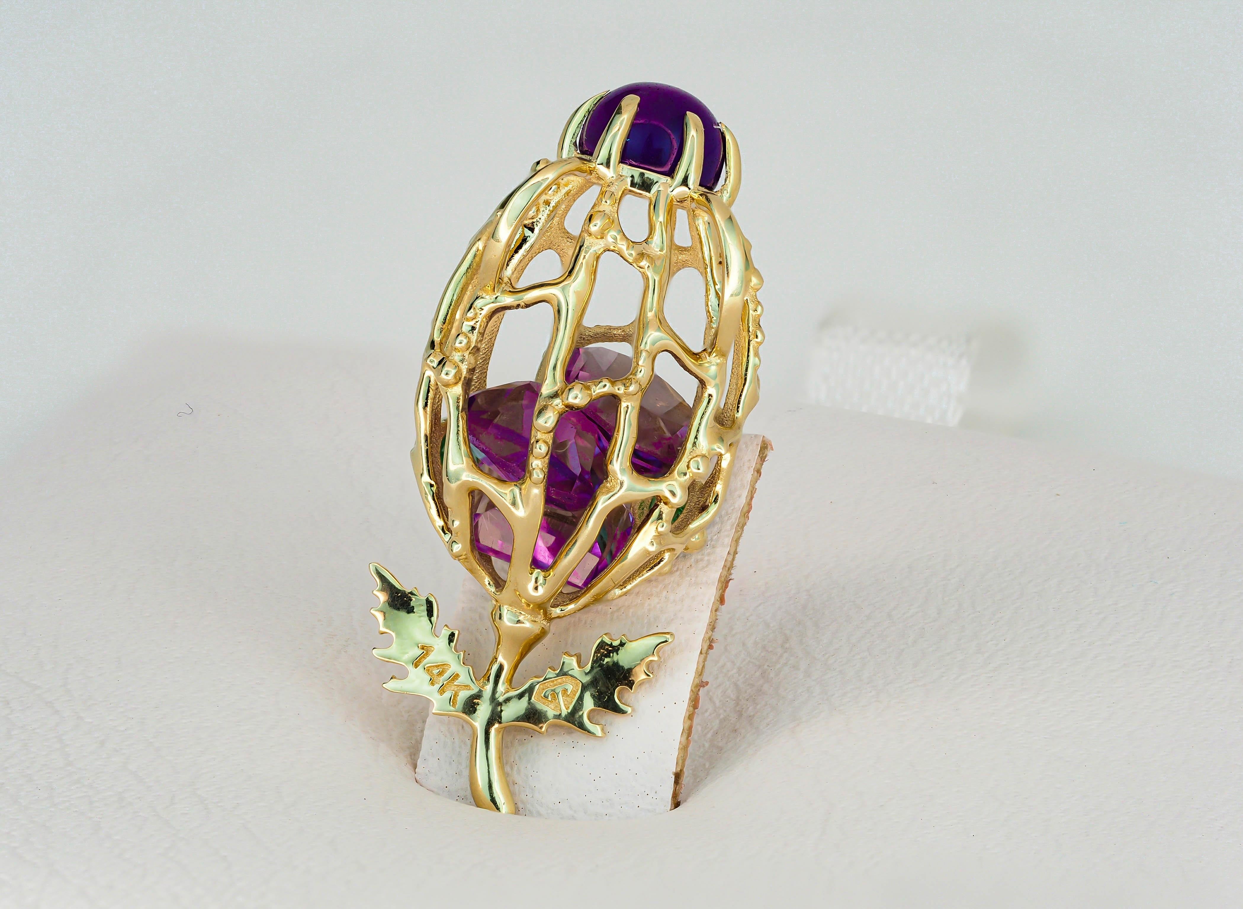 Round Cut 14k Gold Flower Bud Pendant with Amethysts and Emeralds For Sale