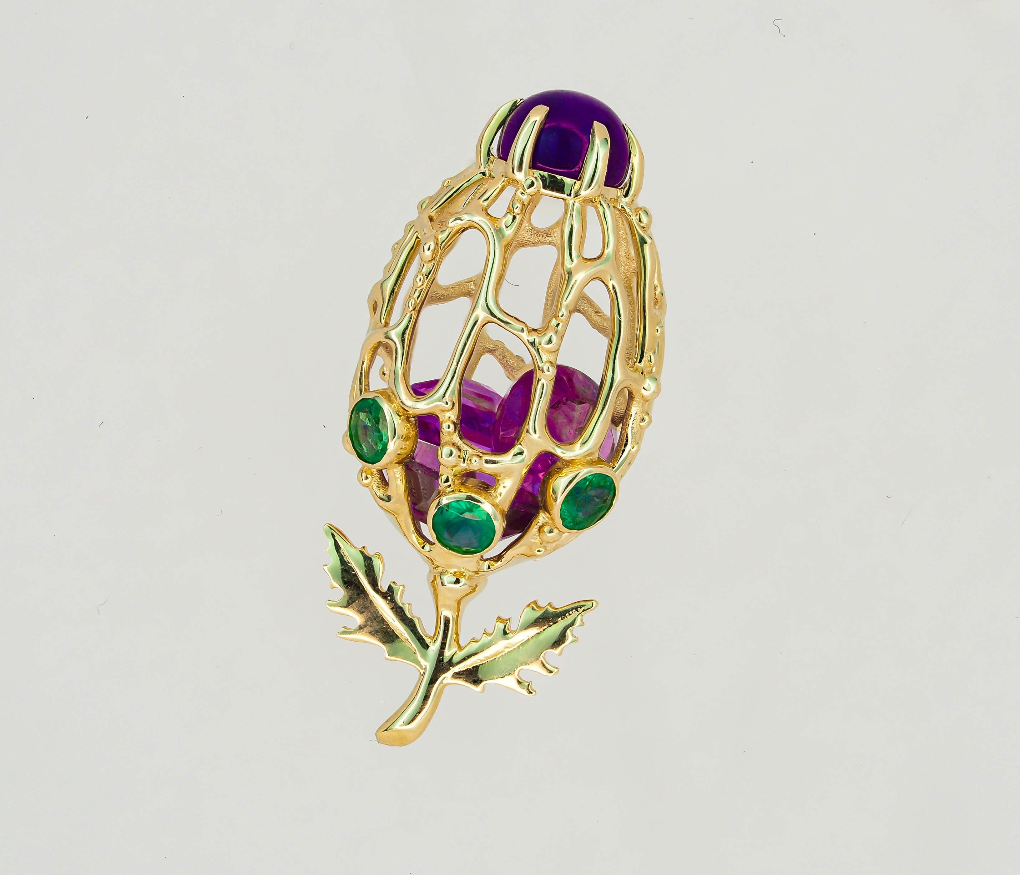 14k Gold Flower Bud Pendant with Amethysts and Emeralds For Sale 1