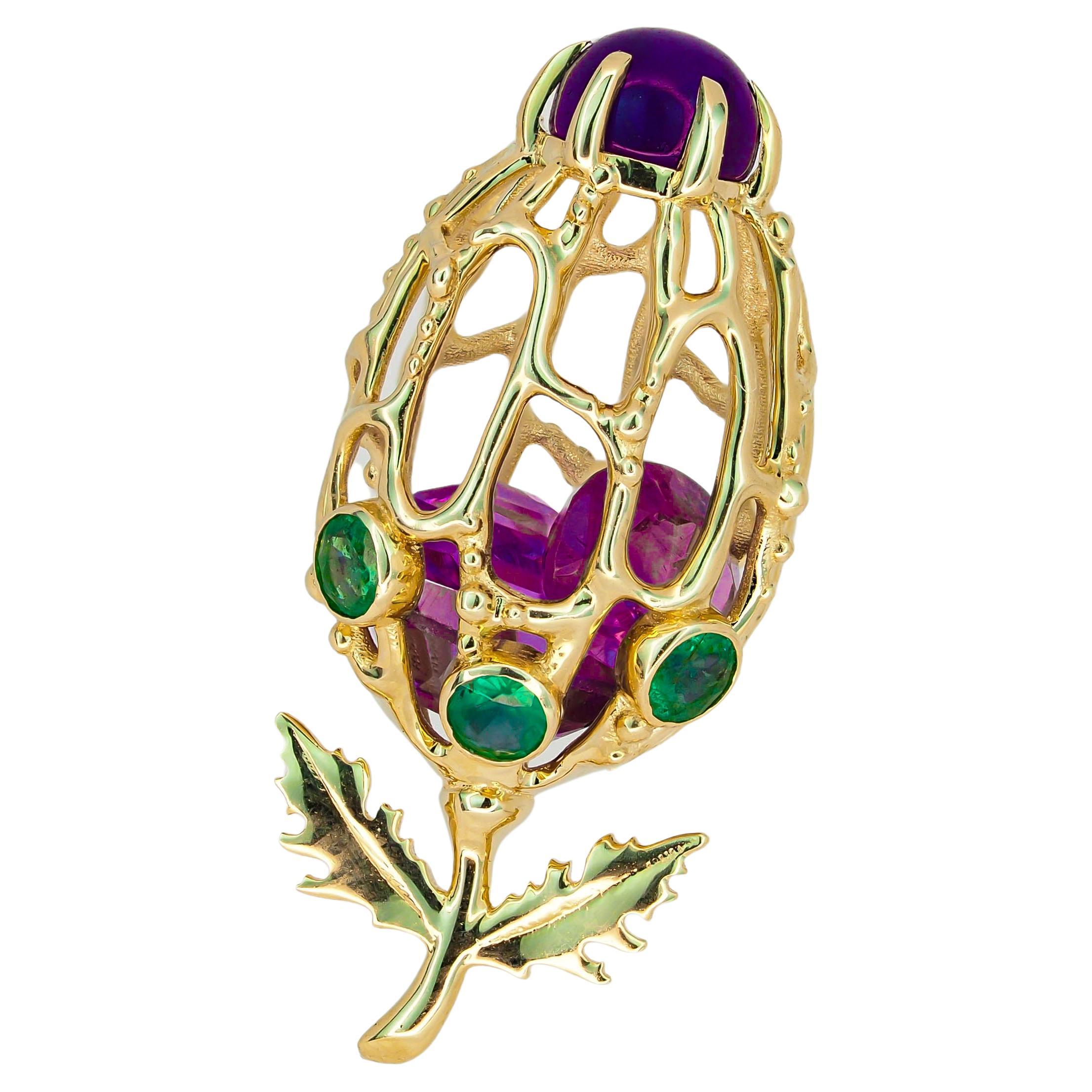 14k Gold Flower Bud Pendant with Amethysts and Emeralds For Sale