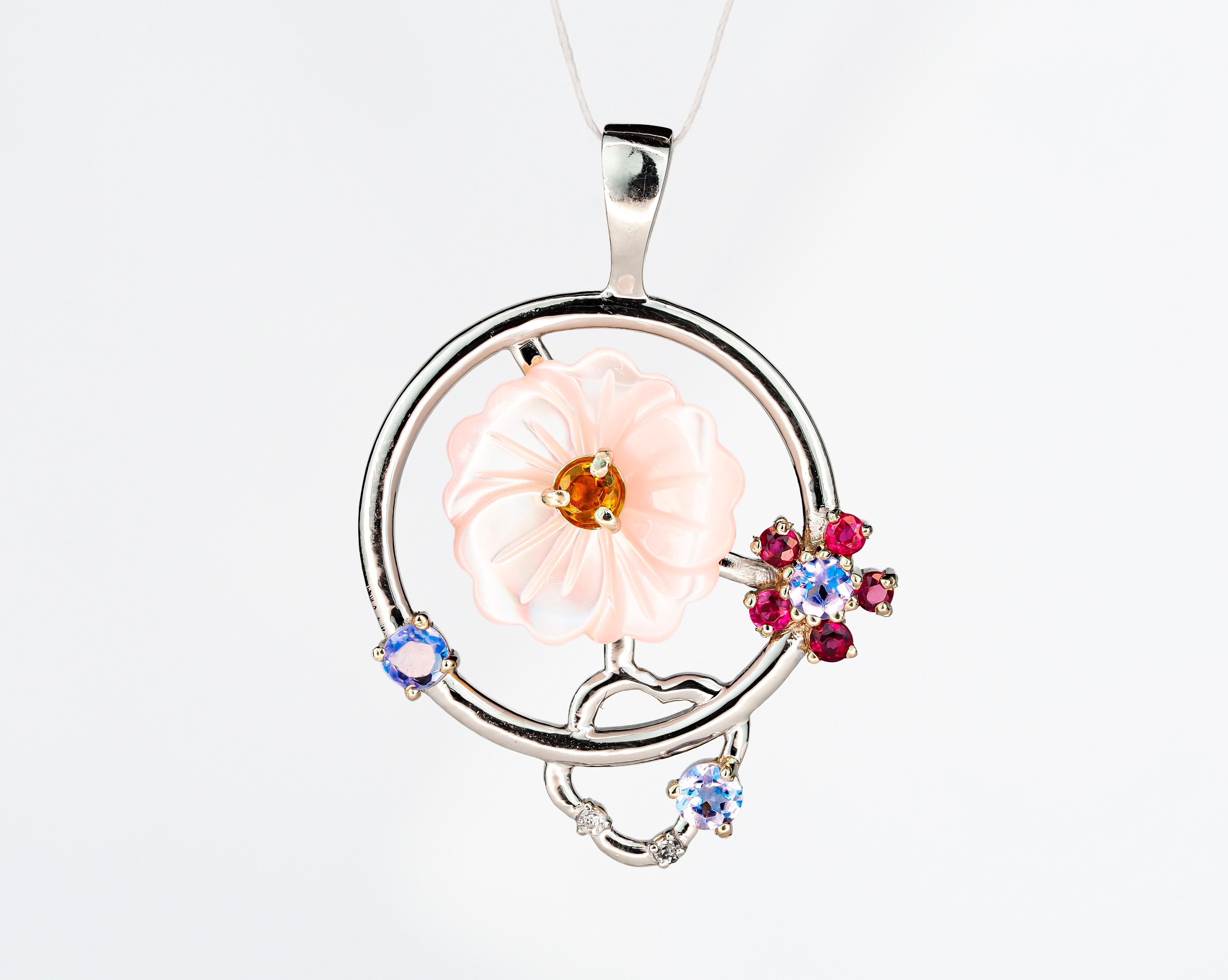 Round Cut 14 Karat Gold Pendant with Carved Mother of Pearl, Tanzanites, Pink and Orange For Sale