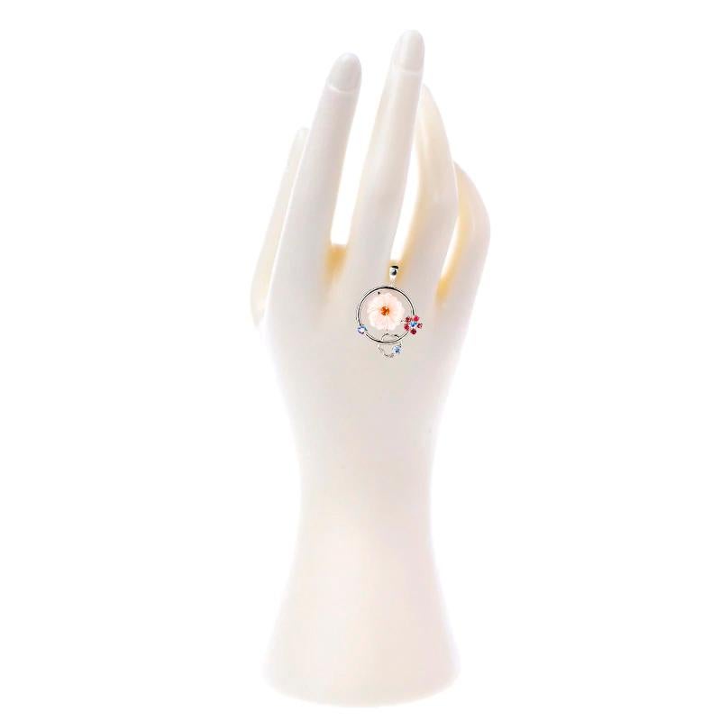 Women's 14 Karat Gold Pendant with Carved Mother of Pearl, Tanzanites, Pink and Orange For Sale