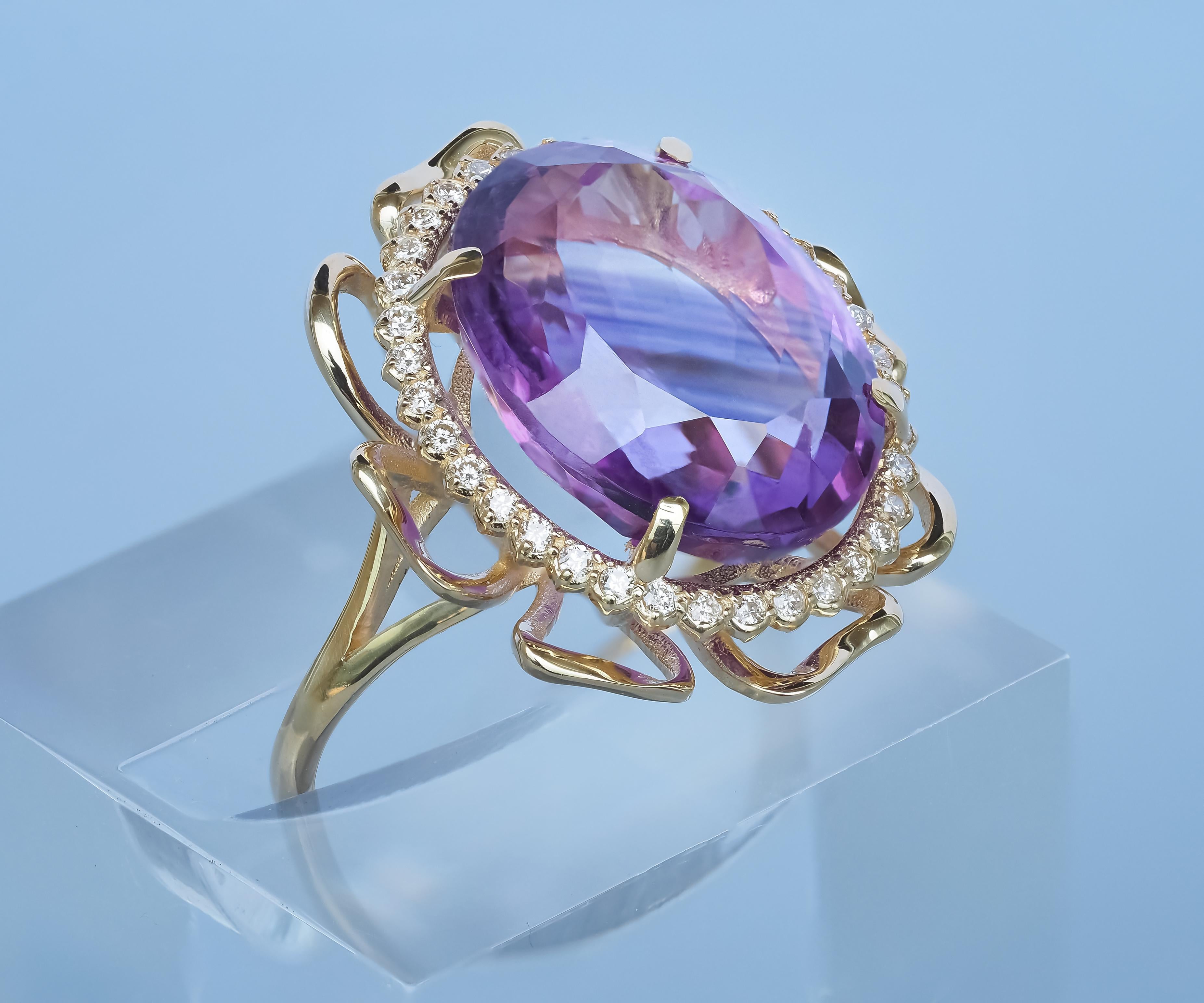 For Sale:  14 Karat Gold Flower Ring with Amethyst and Diamonds 4