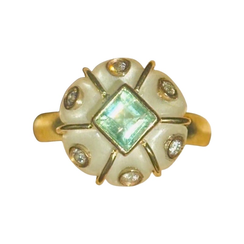 14k Gold Flower Ring with Moonstone, Emerald & Diamonds For Sale