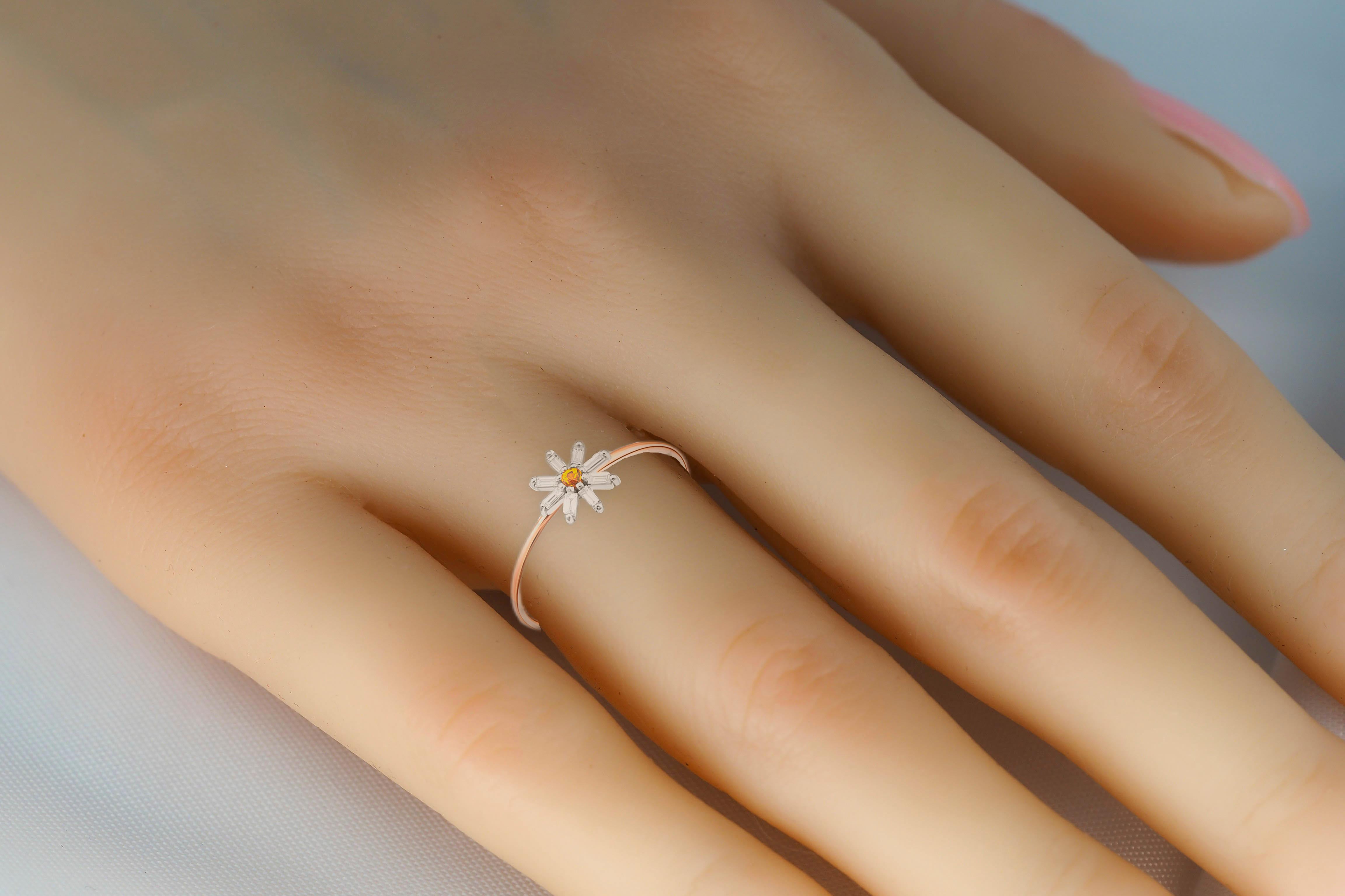 14k Gold Flower Wedding Ring. Cute Daisy Stackable Gold Ring. Solid Gold Floral Band Ring. Baguette Moissanite and Yellow sapphire Stackable Band. Elegant Flower Engagement Ring.

Metal: 14k gold
Weight: 1.5 gr depends from size
Moissanites: 8