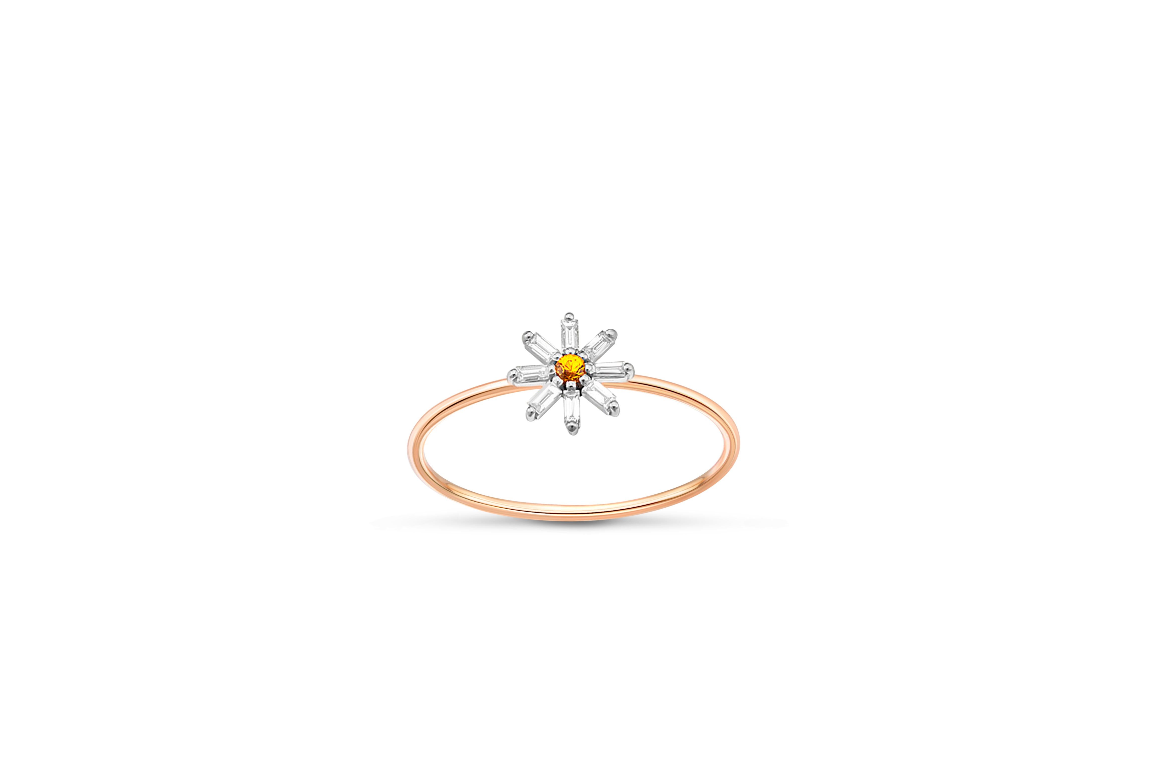 Baguette Cut 14k Gold Flower Wedding Ring.