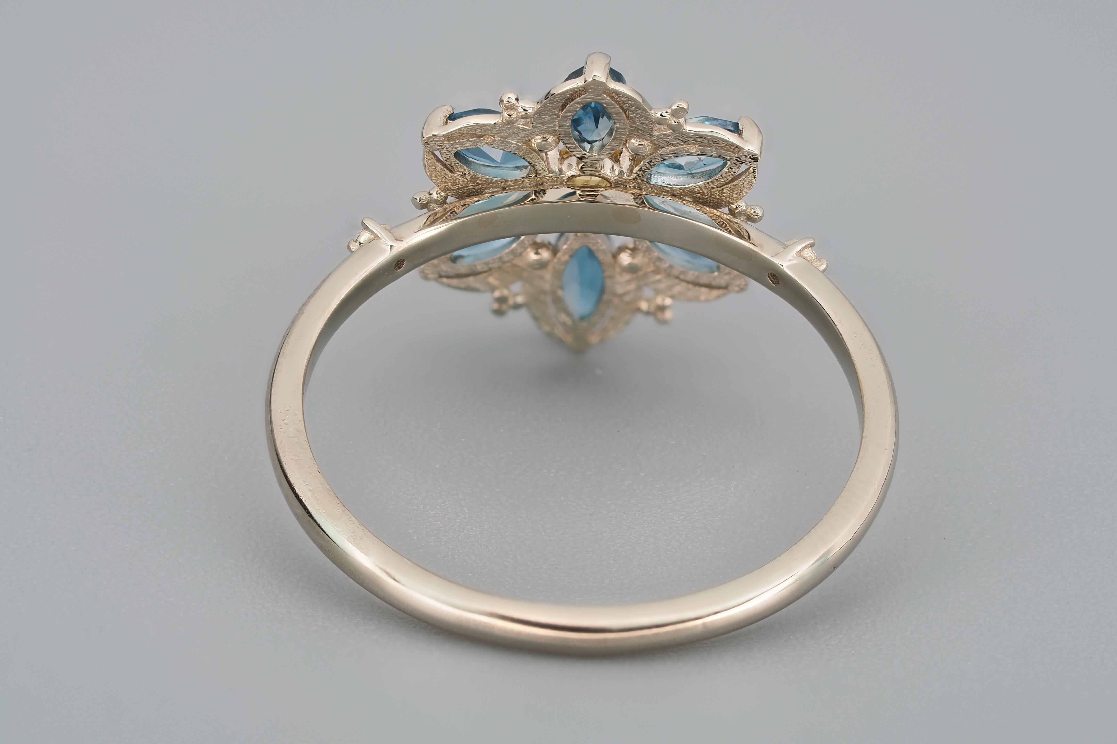 For Sale:  14k Gold Forget Me Not Flower Ring with Topaz and Sapphire! 3
