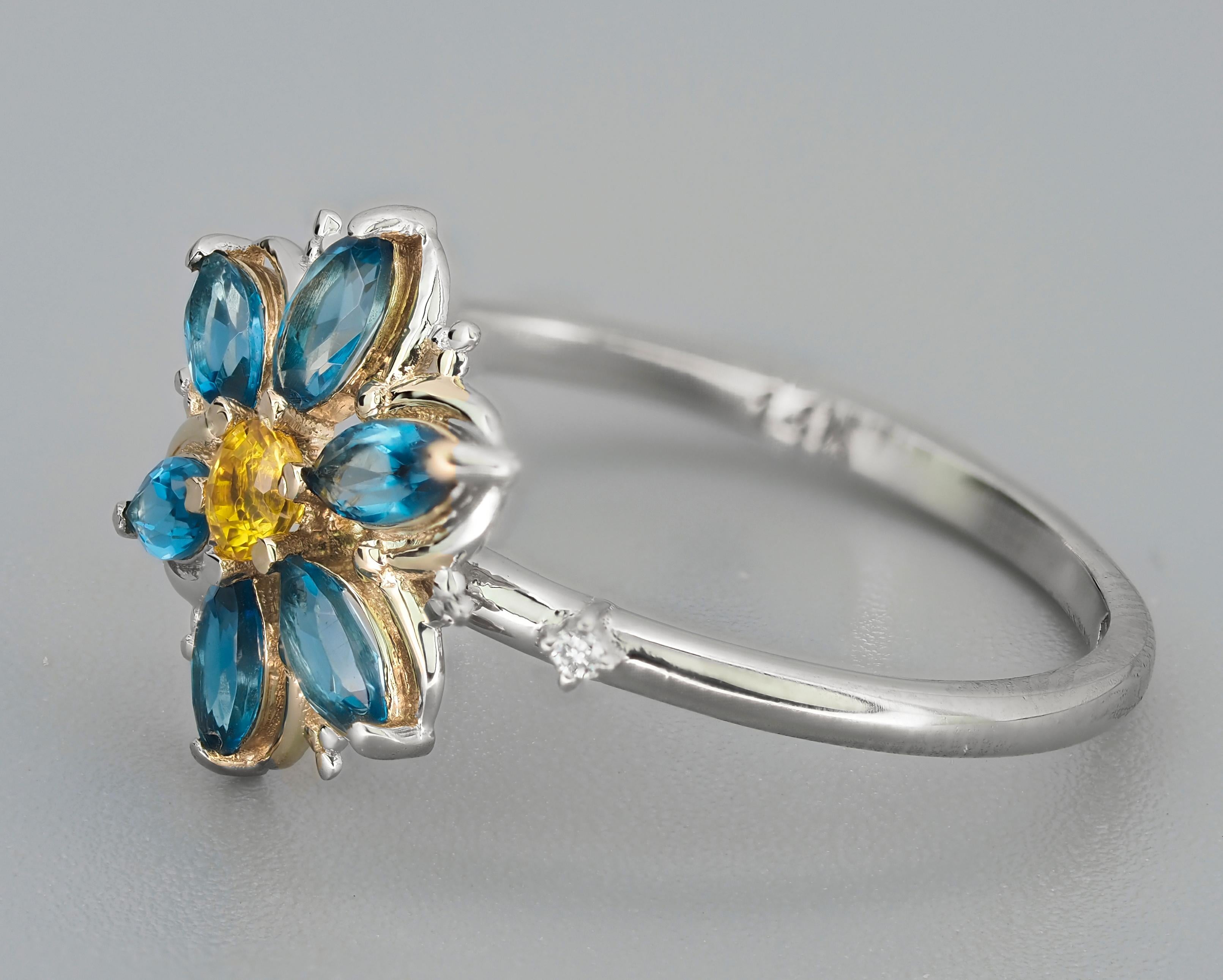 For Sale:  14k Gold Forget Me Not Flower Ring with Topaz and Sapphire! 4