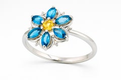 14k Gold Forget Me Not Flower Ring with Topaz and Sapphire