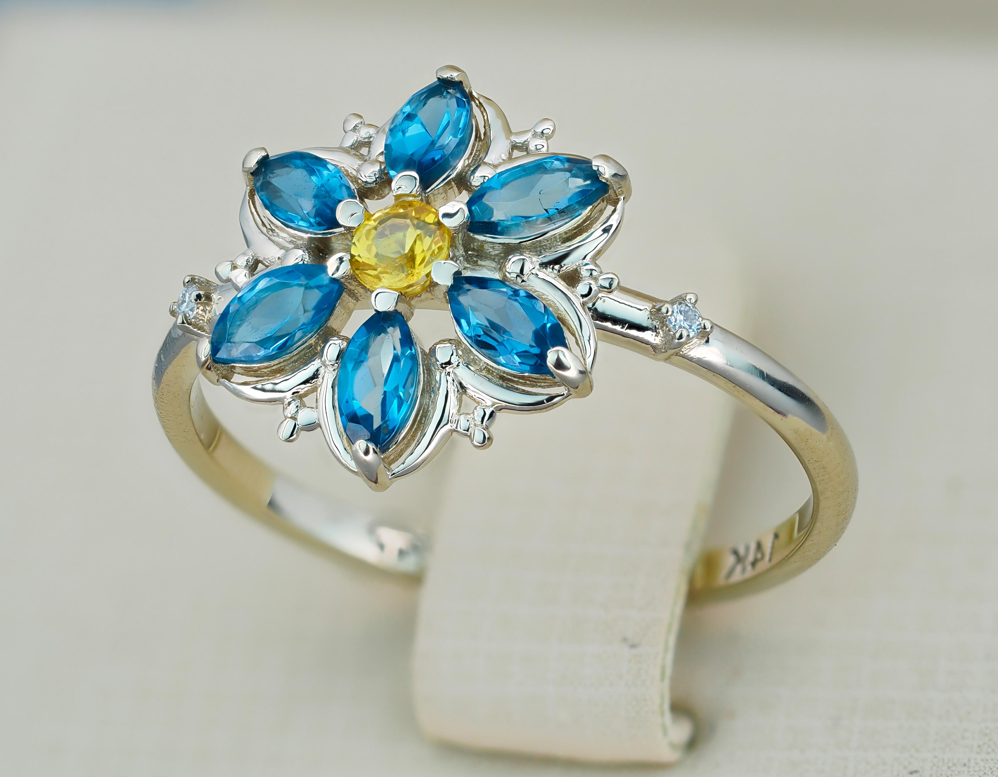 For Sale:  14k Gold Forget Me Not Flower Ring with Topaz and Sapphire! 5