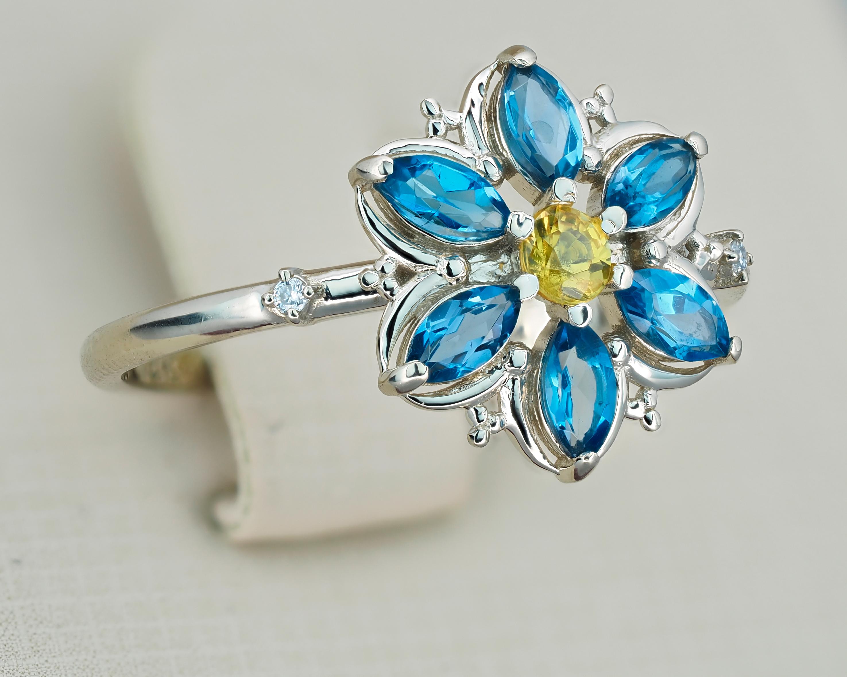 For Sale:  14k Gold Forget Me Not Flower Ring with Topaz and Sapphire! 6