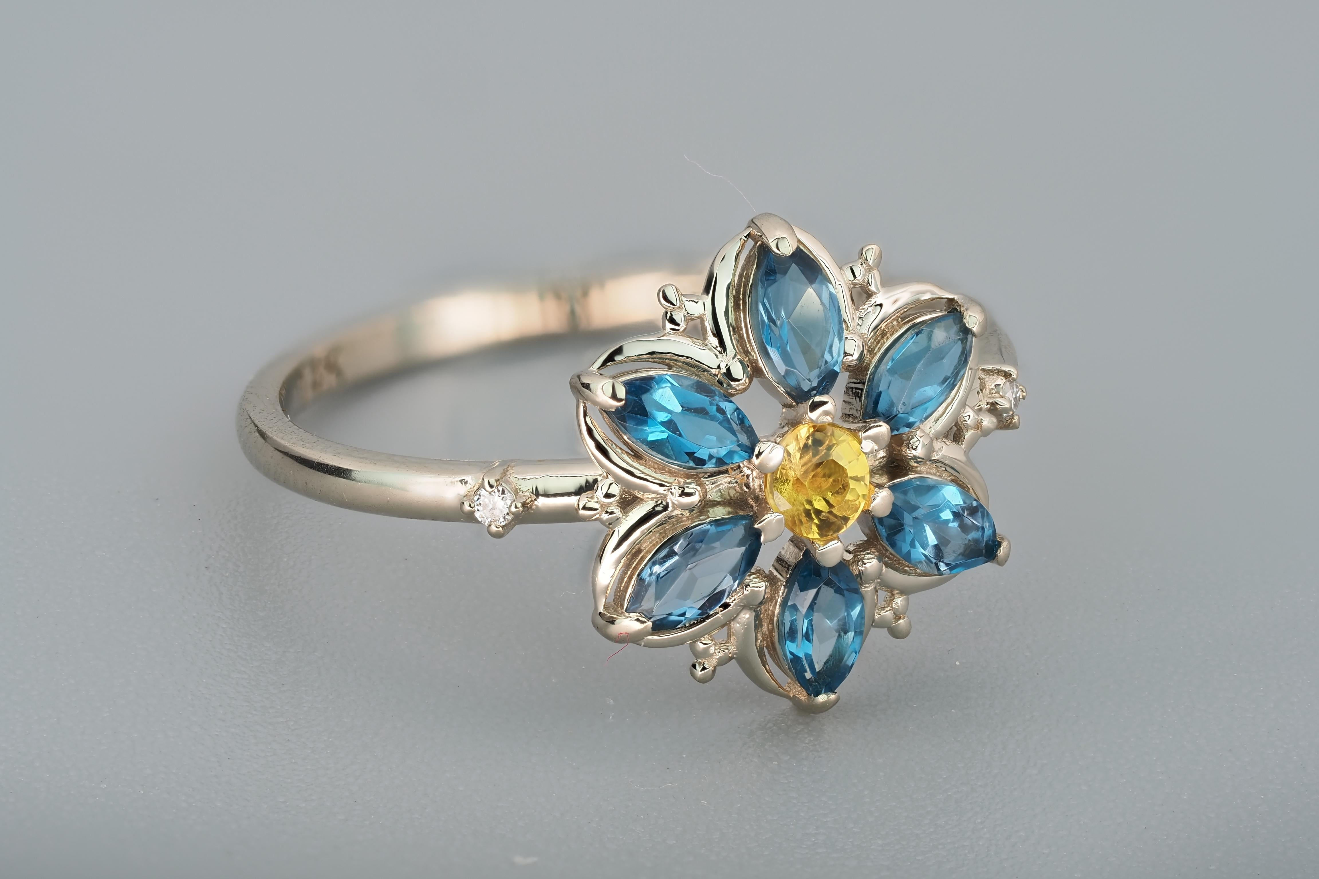 For Sale:  14k Gold Forget Me Not Flower Ring with Topaz and Sapphire! 7