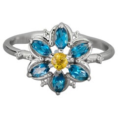 14k Gold Forget Me Not Flower Ring with Topaz and Sapphire