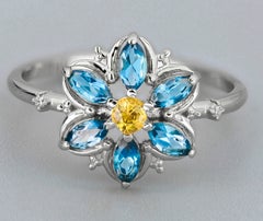 14k Gold Forget Me Not Flower Ring with Topaz and Sapphire!