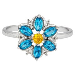 14k Gold Forget Me Not Flower Ring with Topaz and Sapphire