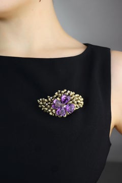 14K Gold Four Leaf Clover Amethyst Diamonds Brooch