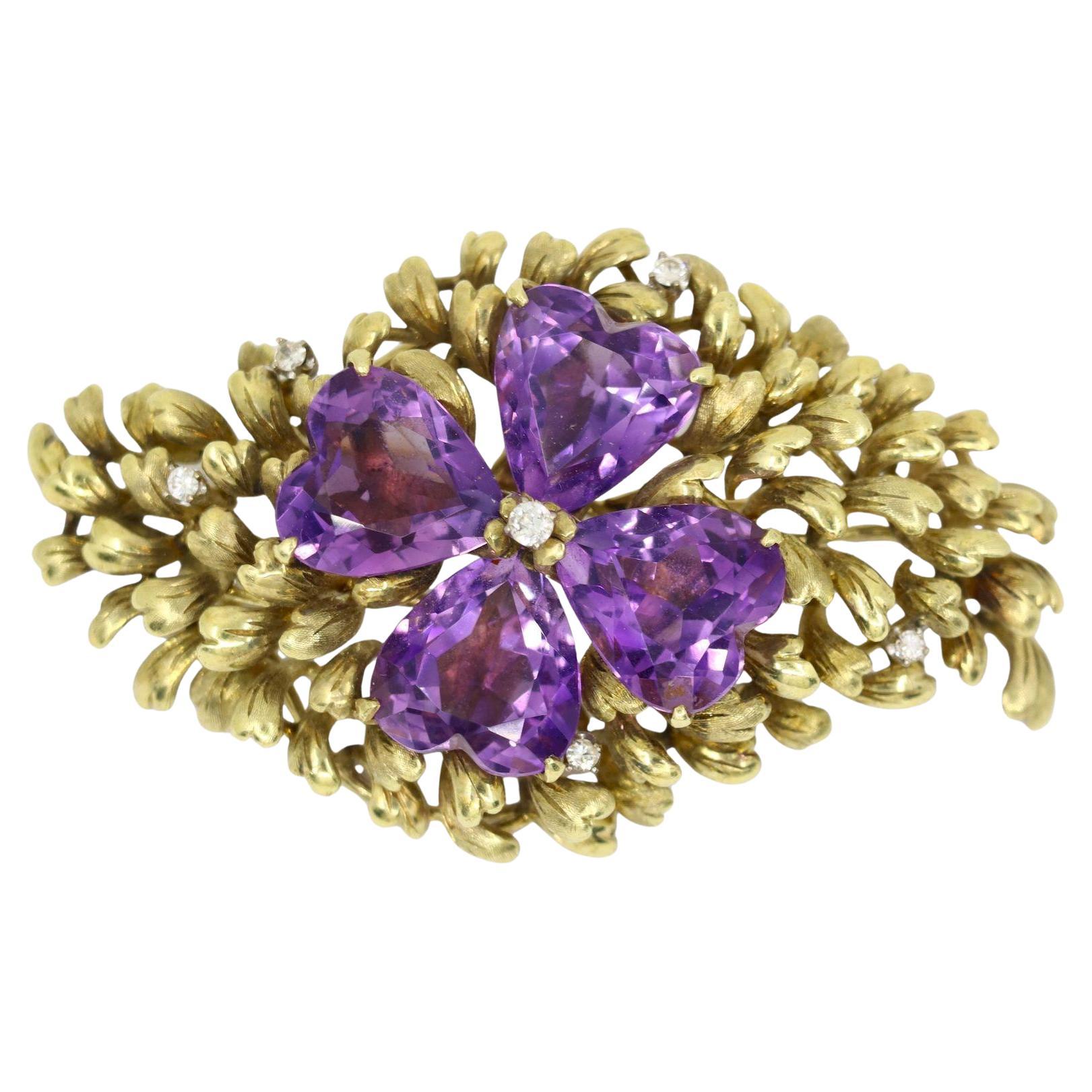 14K Gold Four Leaf Clover Amethyst Diamonds Brooch