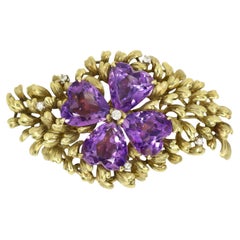 14K Gold Four Leaf Clover Amethyst Diamonds Brooch