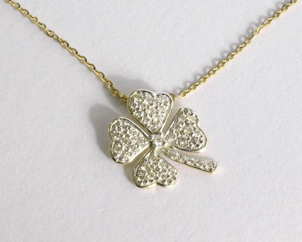Diamond Clover Charm Necklace is made of 14K solid gold.
Available in three colors of gold: Rose Gold / White Gold / Yellow Gold.

Natural genuine round cut diamond, each diamond is hand selected by me to ensure quality and set by a master setter in