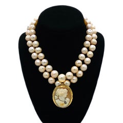 14K Gold Frame with Diamond Antique Cameo Clip On Double Strand Pearl Necklace