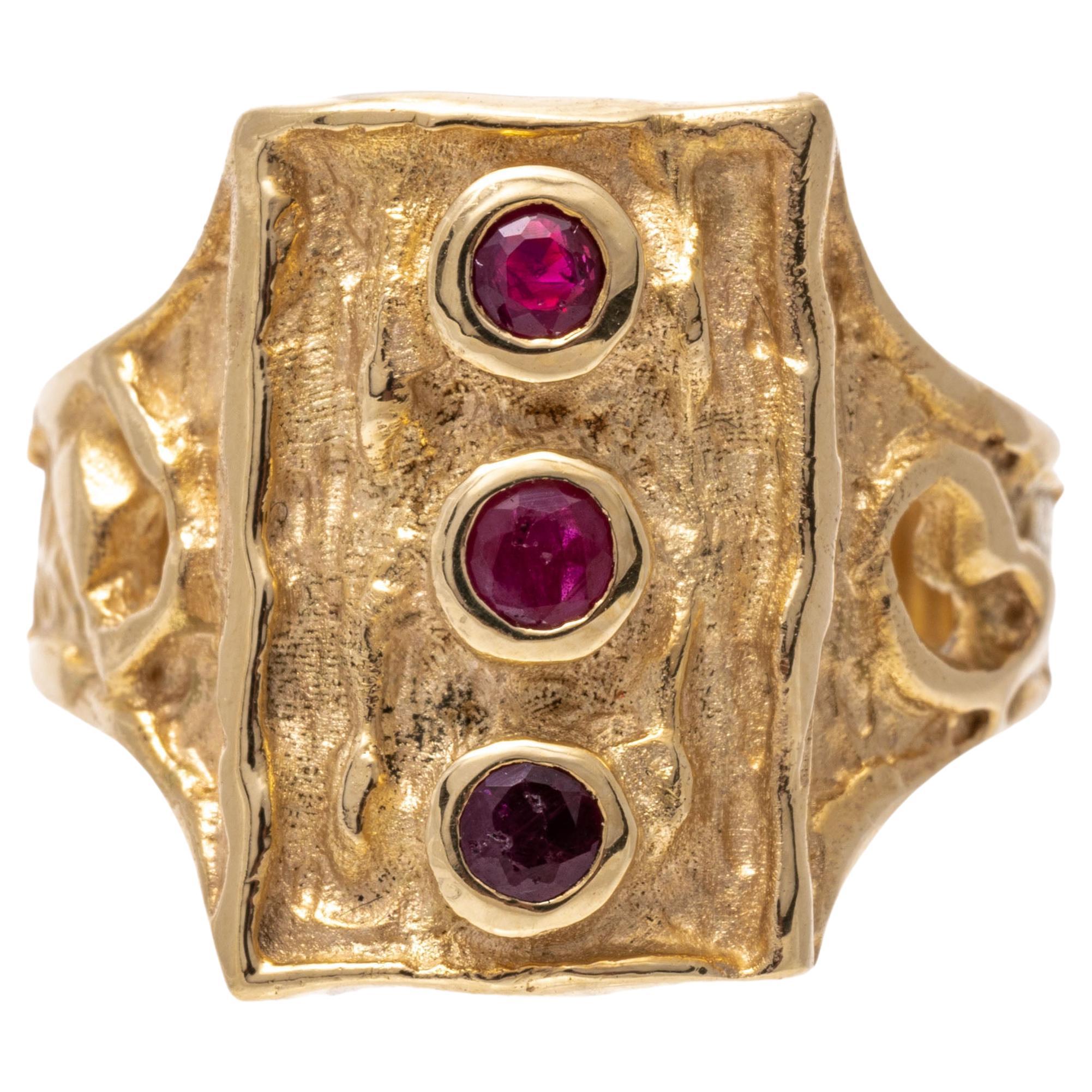 14k Gold Free Form Rectangular Ruby Set Ring With Melted Patterning, Size 7.75 For Sale
