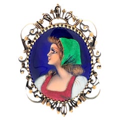 14K Gold French Made Female Portrait Vintage Brooch/Pendant