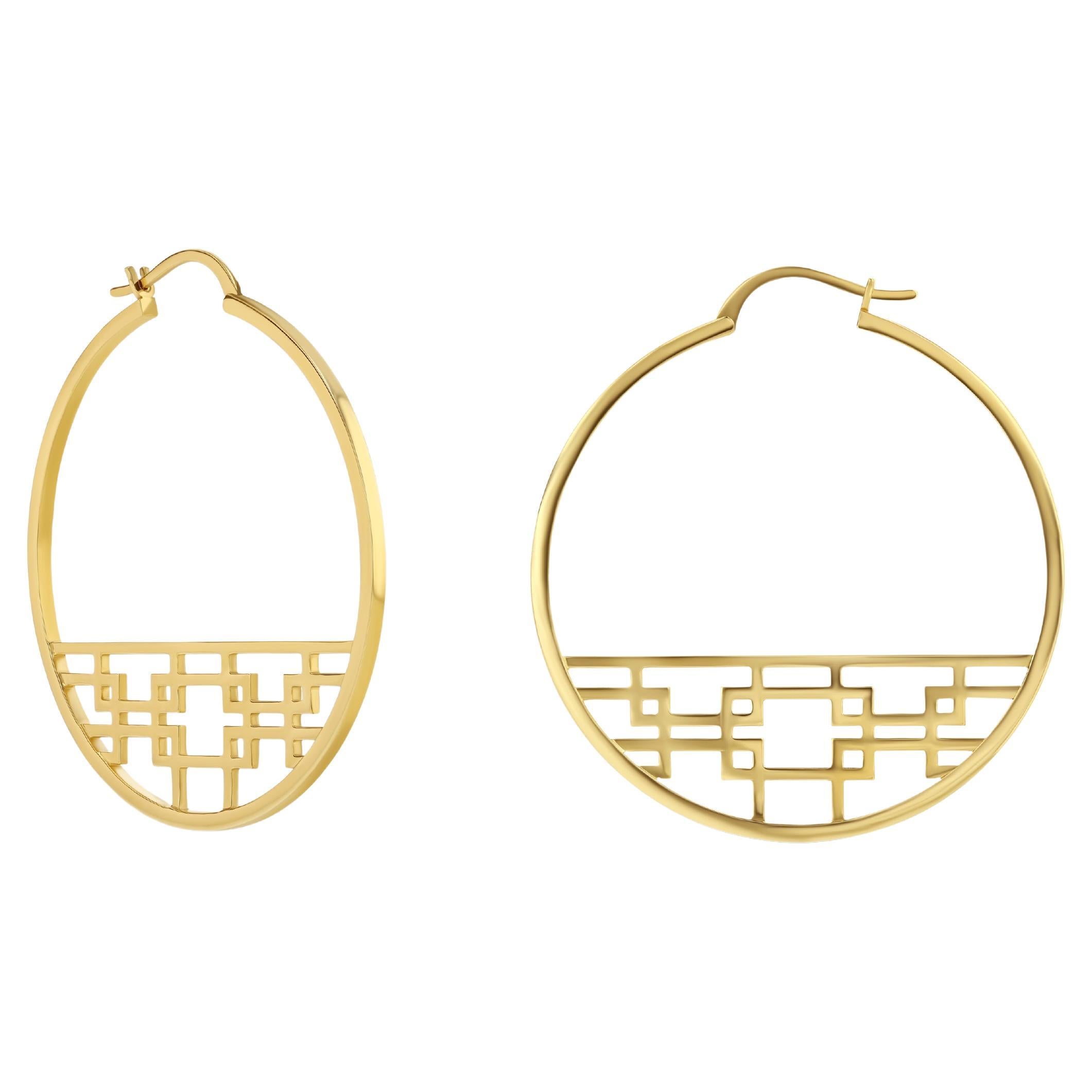 14k Gold Fretwork Hoop Earrings For Sale