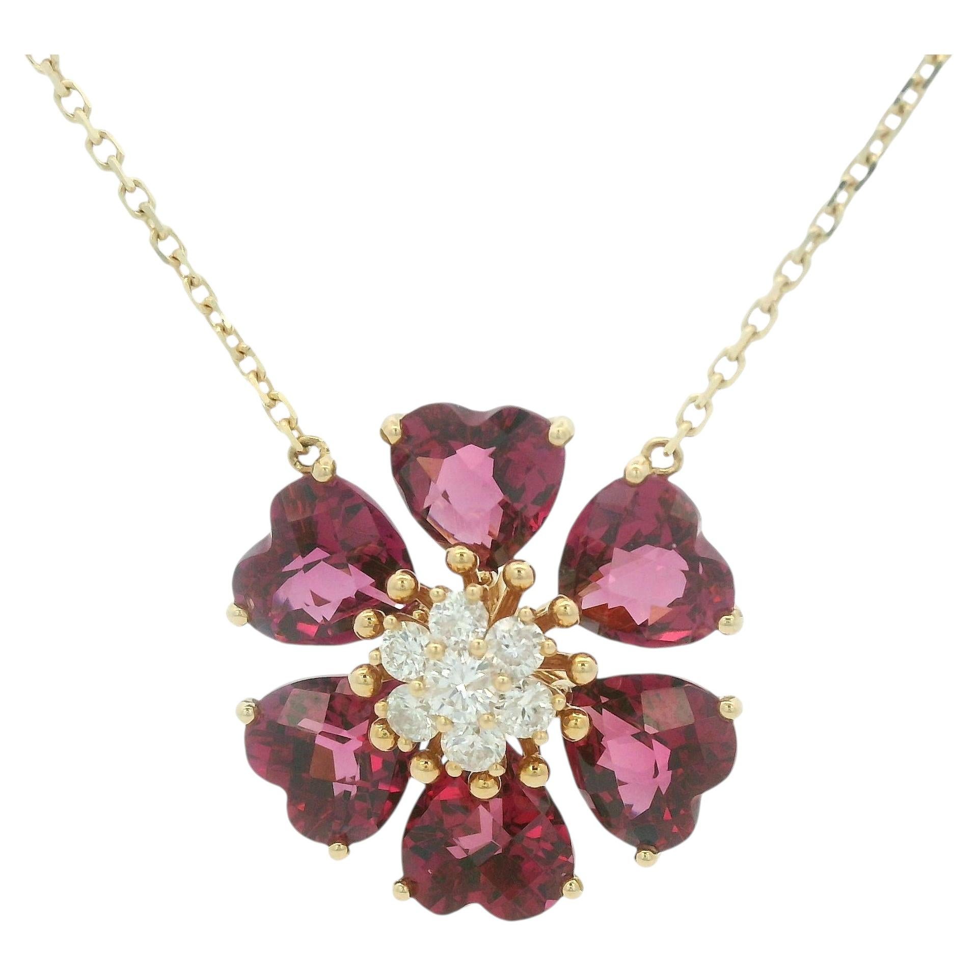 14K Gold Garnet and Diamond Flower Necklace – 42cm