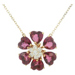 14K Gold Granat und Diamant Blume Halskette - 42cm
