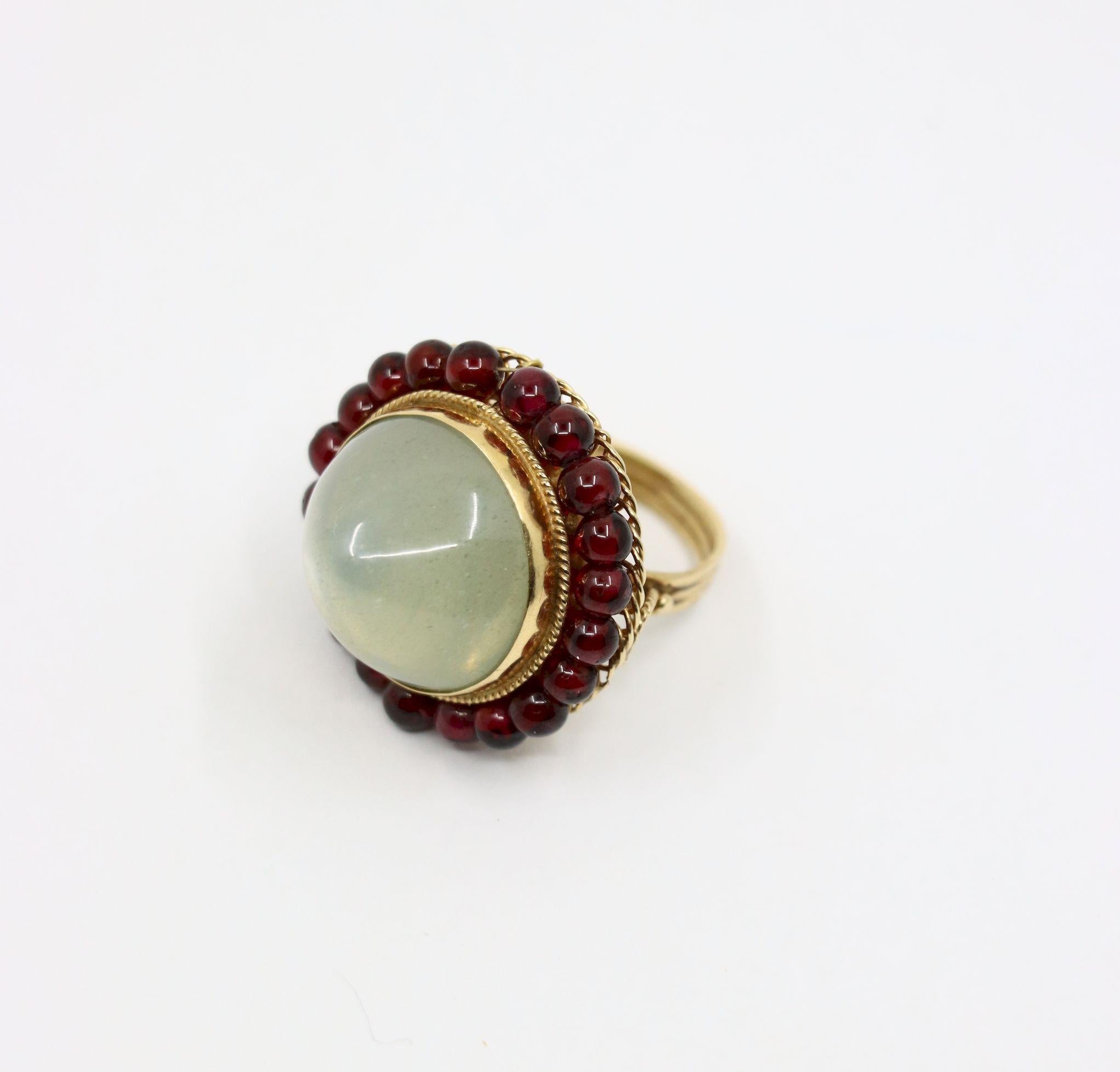 14K Gold Garnet Beads Moonstone Ring For Sale 5