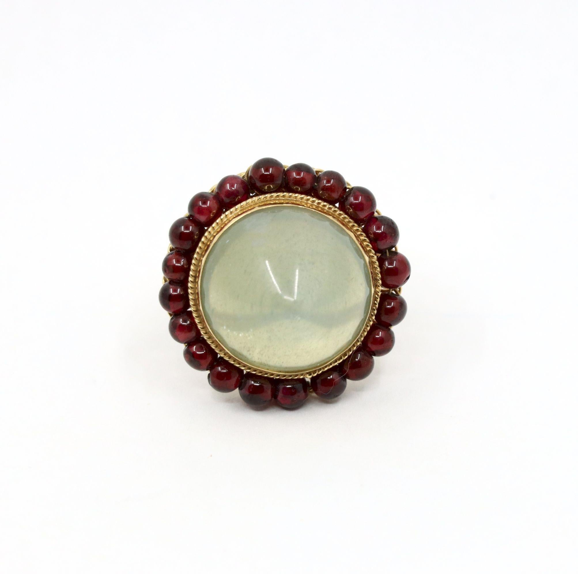 Cabochon 14K Gold Garnet Beads Moonstone Ring For Sale