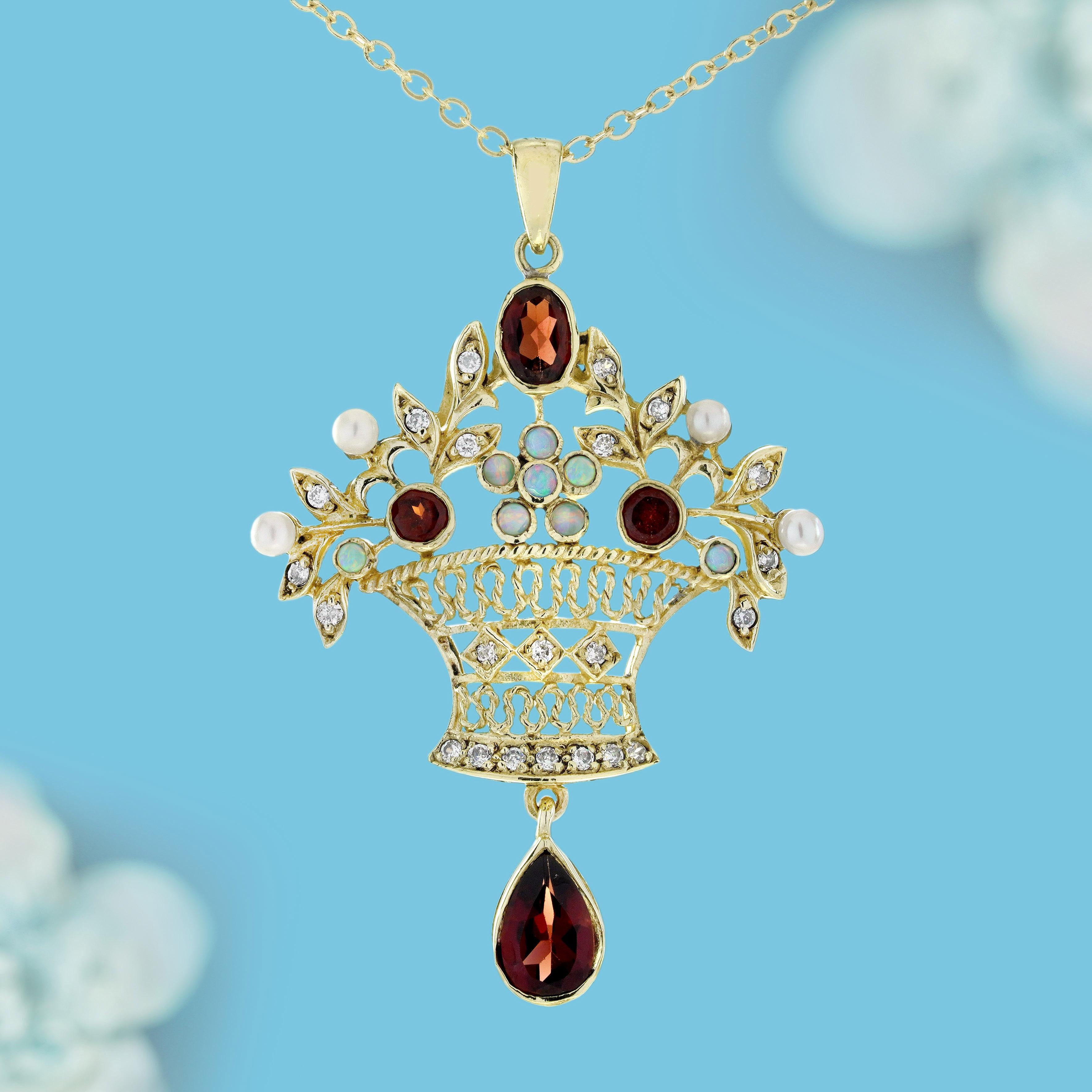 This exquisite vintage-style chandelier pendant is a poetic blend of natural gemstones and floral elegance. At the top rests an oval garnet, leading into a graceful floral design featuring diamond-accented leaves and pearls symbolizing tender flower