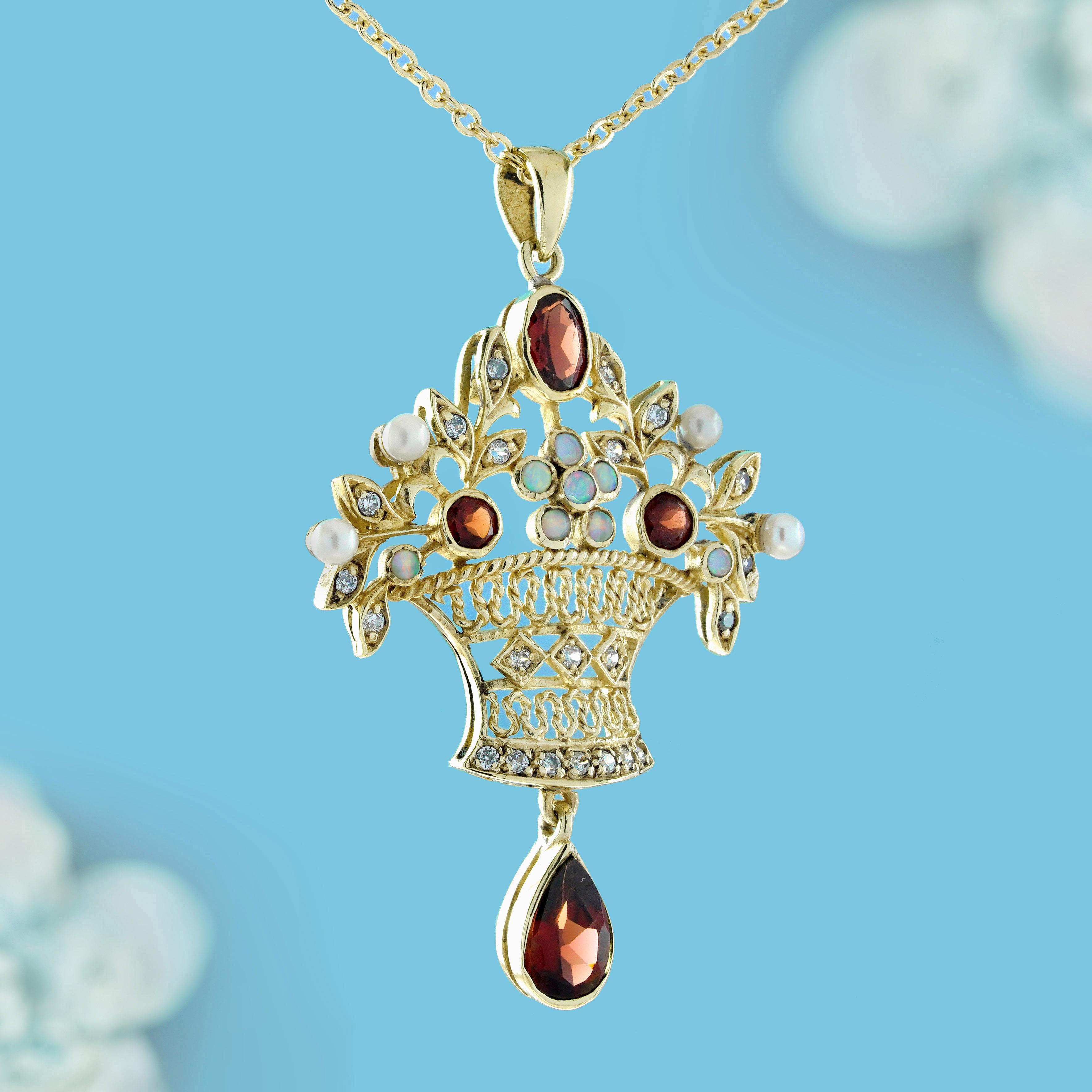 Edwardian 14K Gold Garnet Opal Pearl and Diamond Vintage Style Floral Chandelier Pendant For Sale