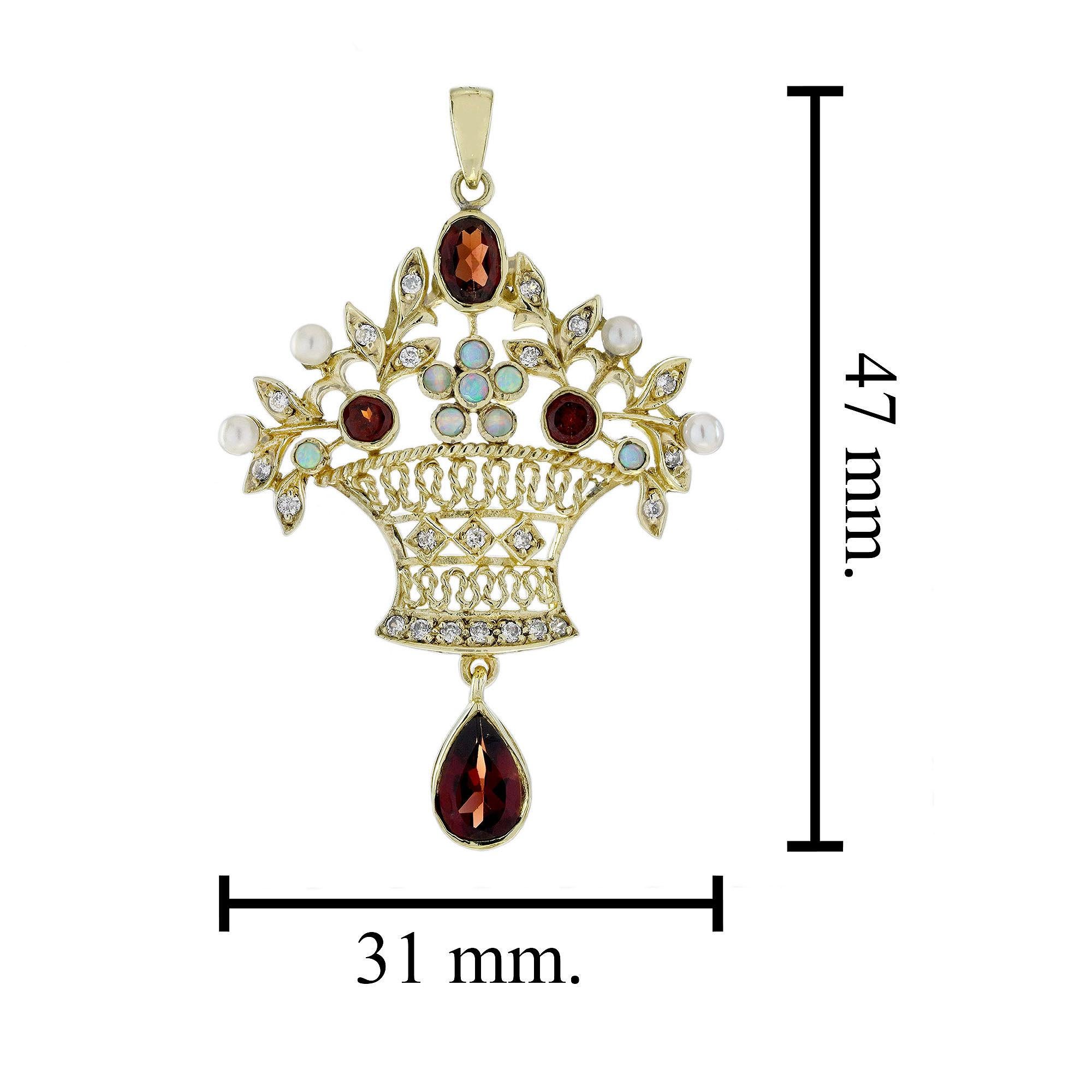 14K Gold Garnet Opal Pearl and Diamond Vintage Style Floral Chandelier Pendant In New Condition For Sale In Bangkok, TH