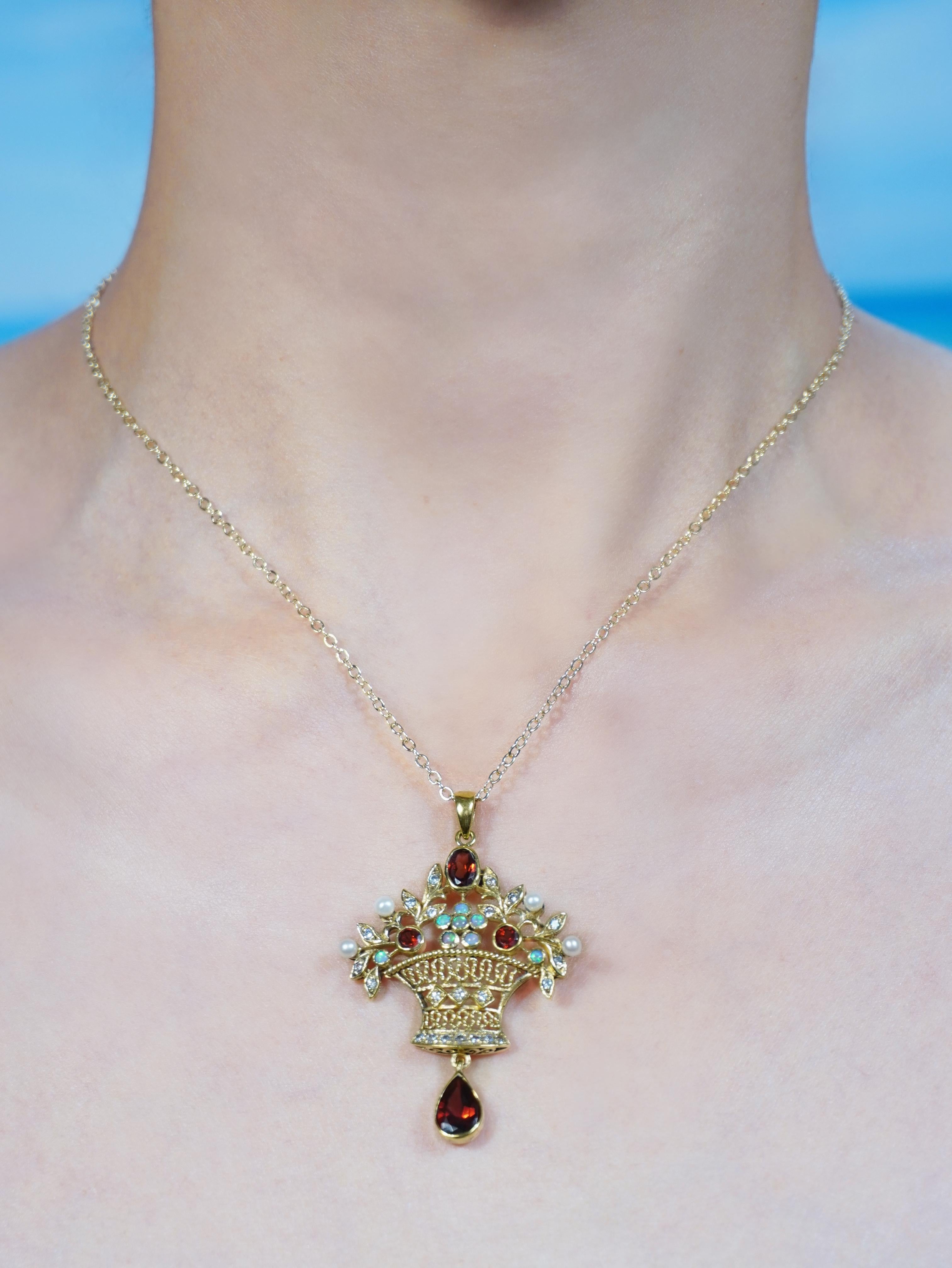 Women's 14K Gold Garnet Opal Pearl and Diamond Vintage Style Floral Chandelier Pendant For Sale