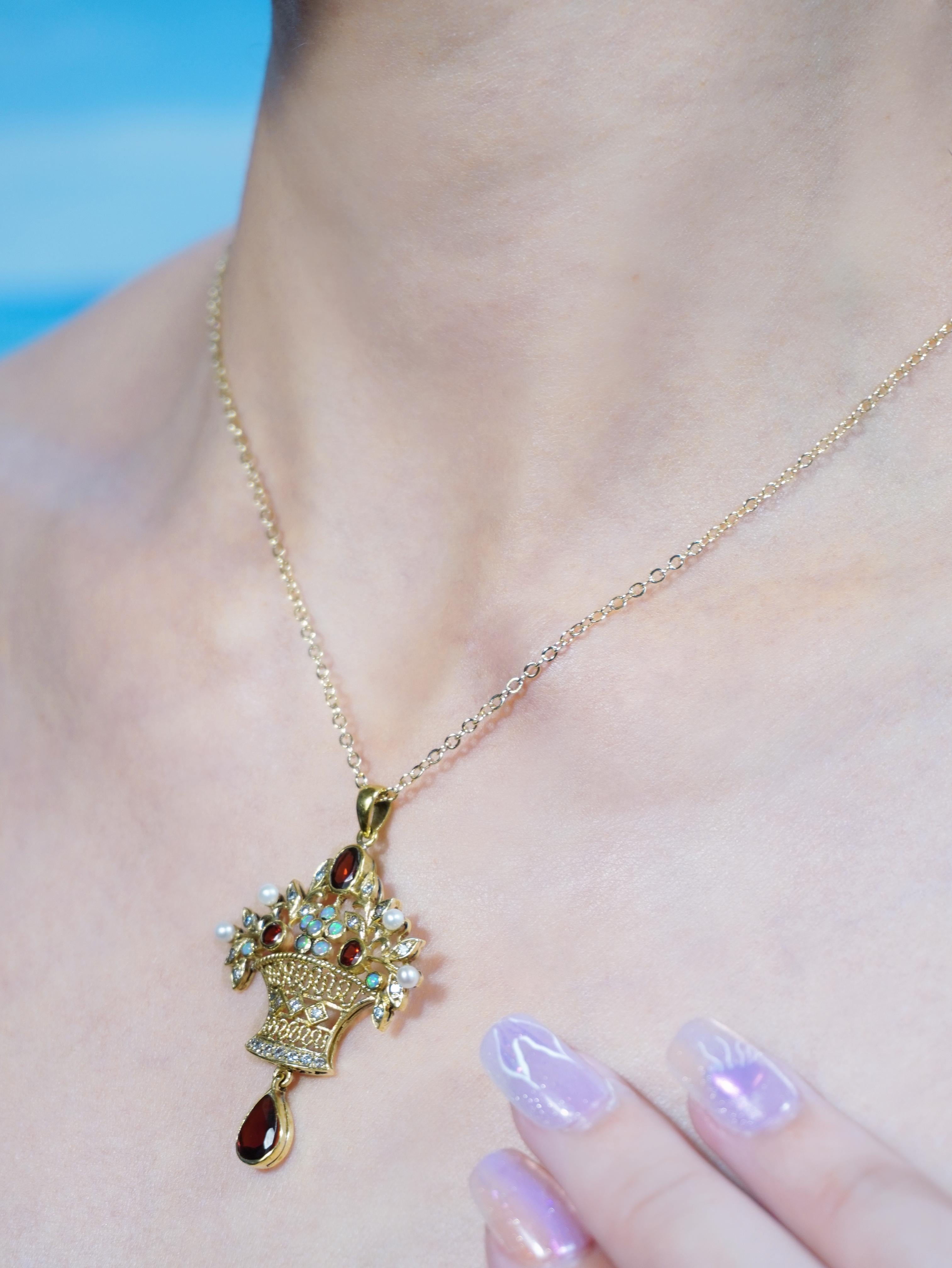 14K Gold Garnet Opal Pearl and Diamond Vintage Style Floral Chandelier Pendant For Sale 1