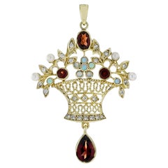 14K Gold Garnet Opal Pearl and Diamond Vintage Style Floral Chandelier Pendant