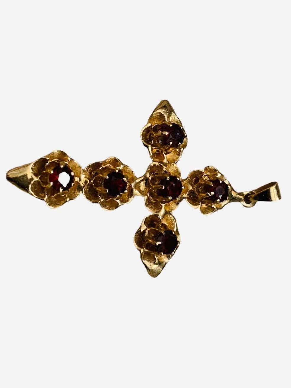 Women's or Men's 14K Gold Garnet Roses Flower Cross Pendant 
