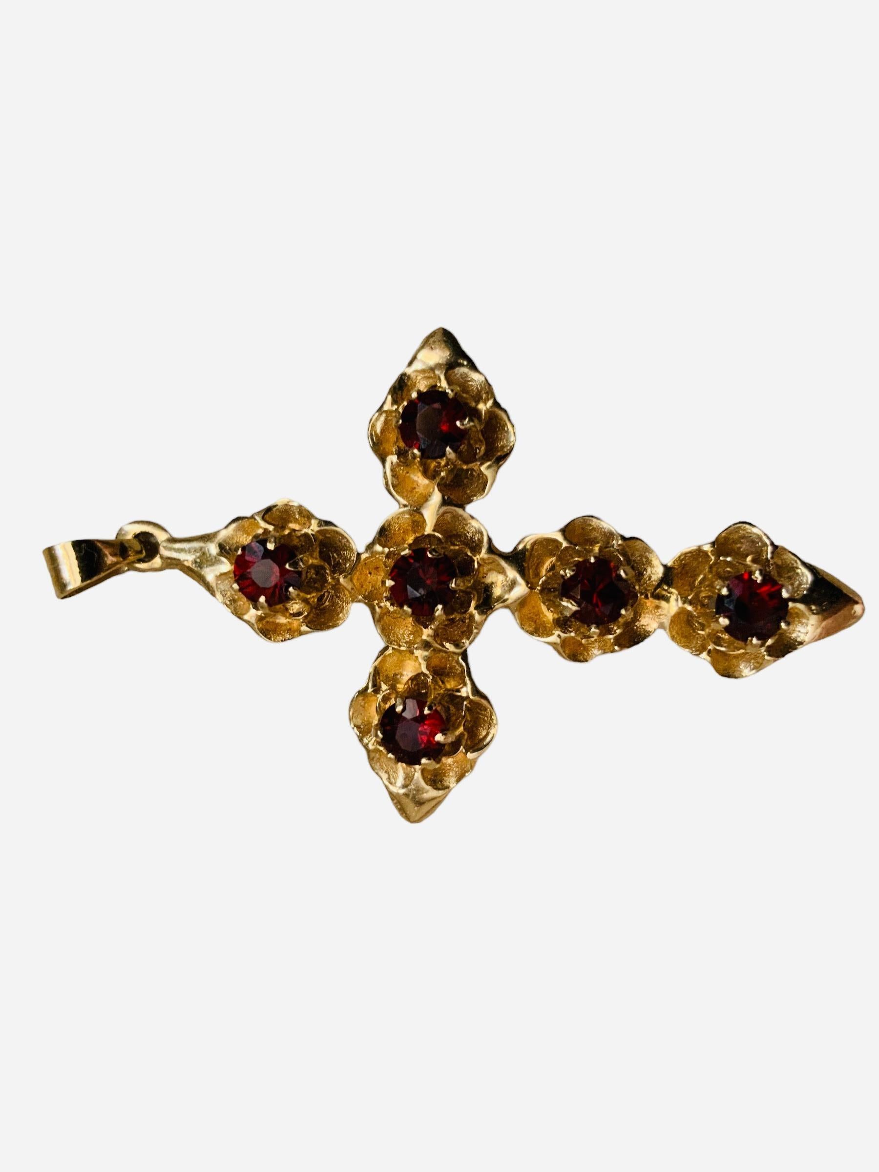 14K Gold Garnet Roses Flower Cross Pendant  1